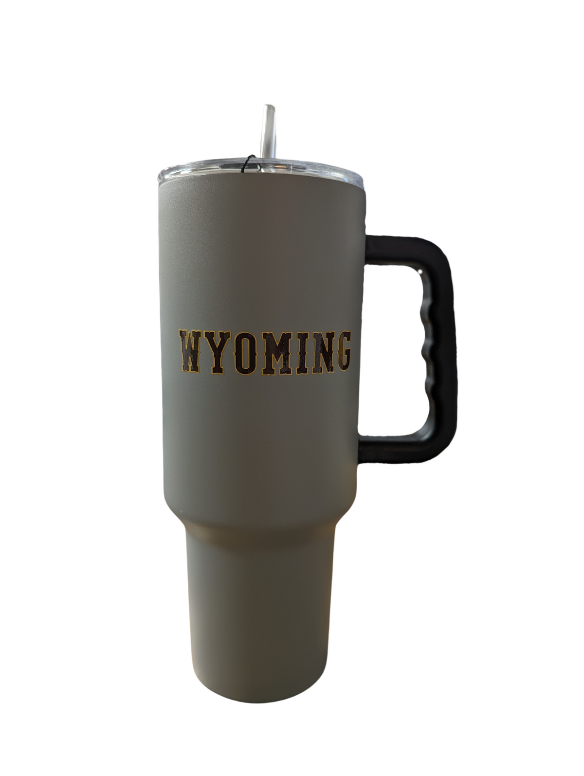 40oz grey tumbler with straw opening in lid. Tumbler is grey with a design on each side, designs are, wyoming in brown with gold outline and bucking horse brown with gold outline