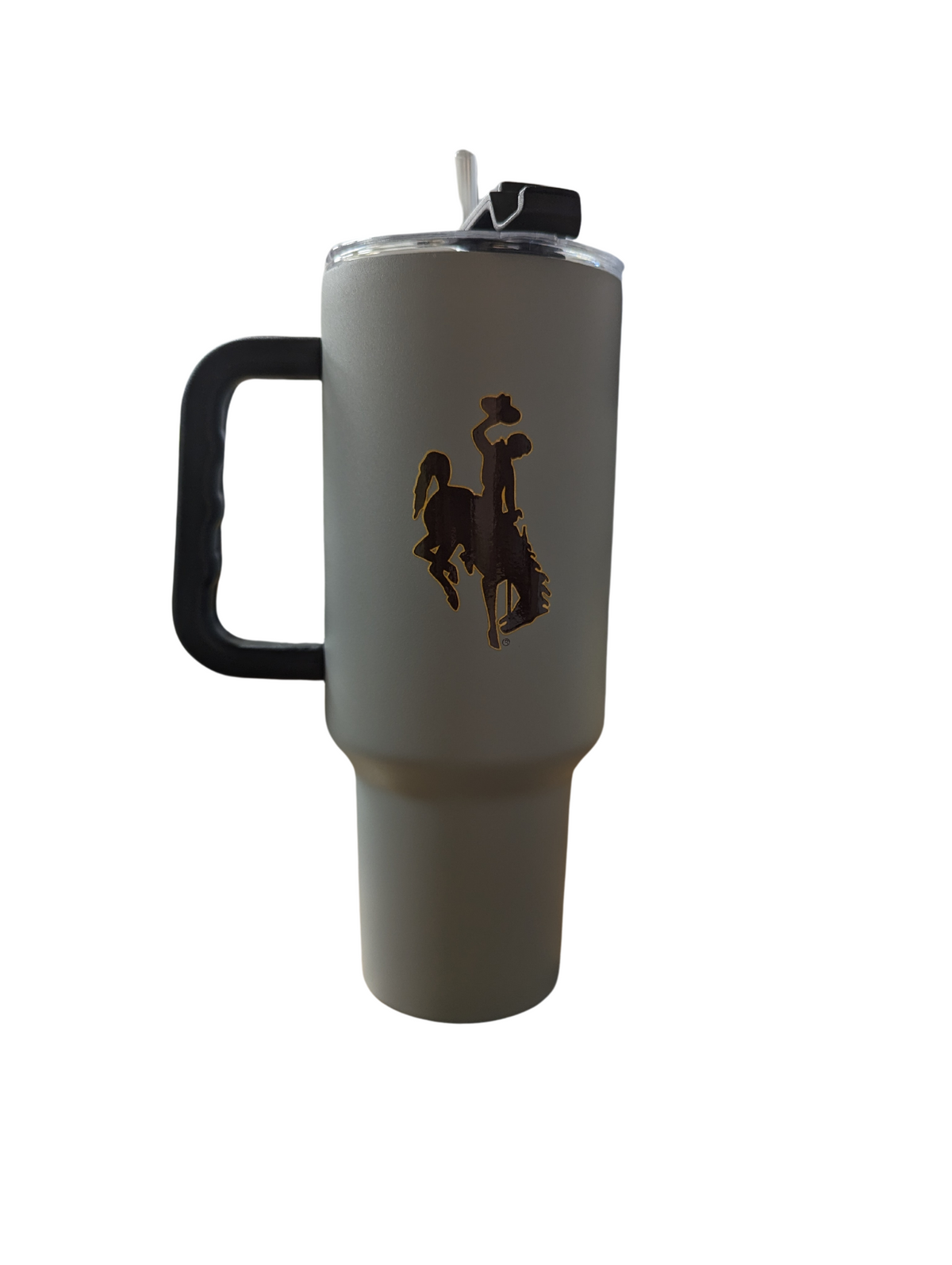 40oz grey tumbler with straw opening in lid. Tumbler is grey with a design on each side, designs are, wyoming in brown with gold outline and bucking horse brown with gold outline