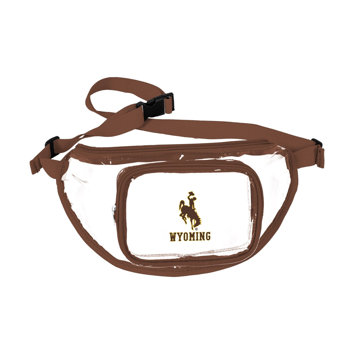 brown and clear fanny pack with brown bucking horse and wyoming with gold outline