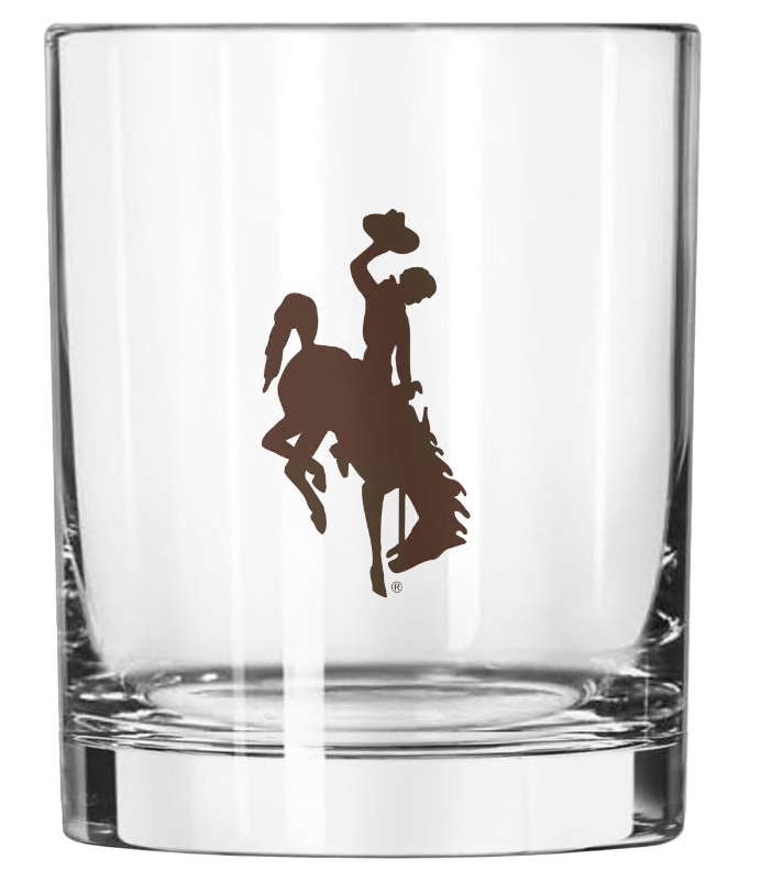 Clear 14oz rocks glass with brown bucking horse and brown, vertical, wyoming.