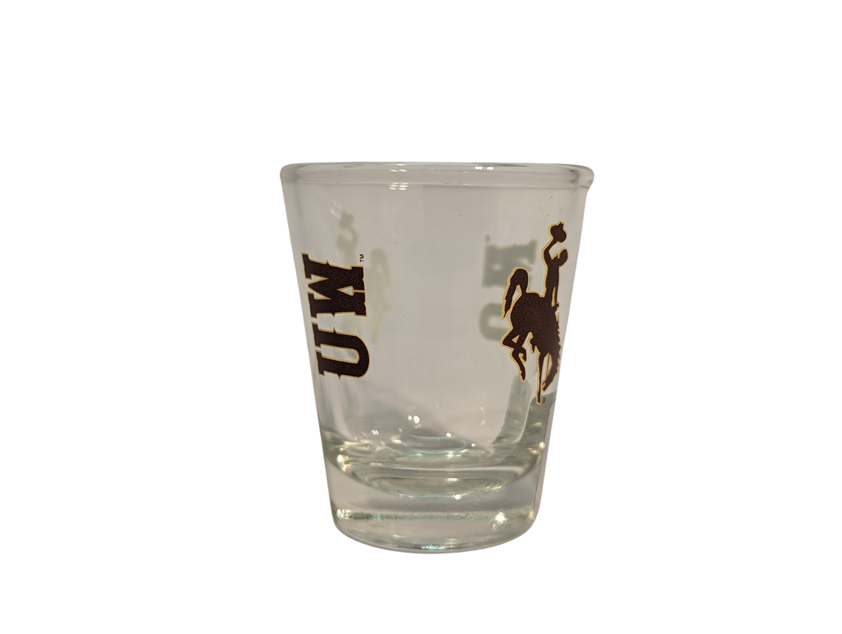 2-ounce shot glass with UW and Bucking horse in brown with gold outline on 4 sides