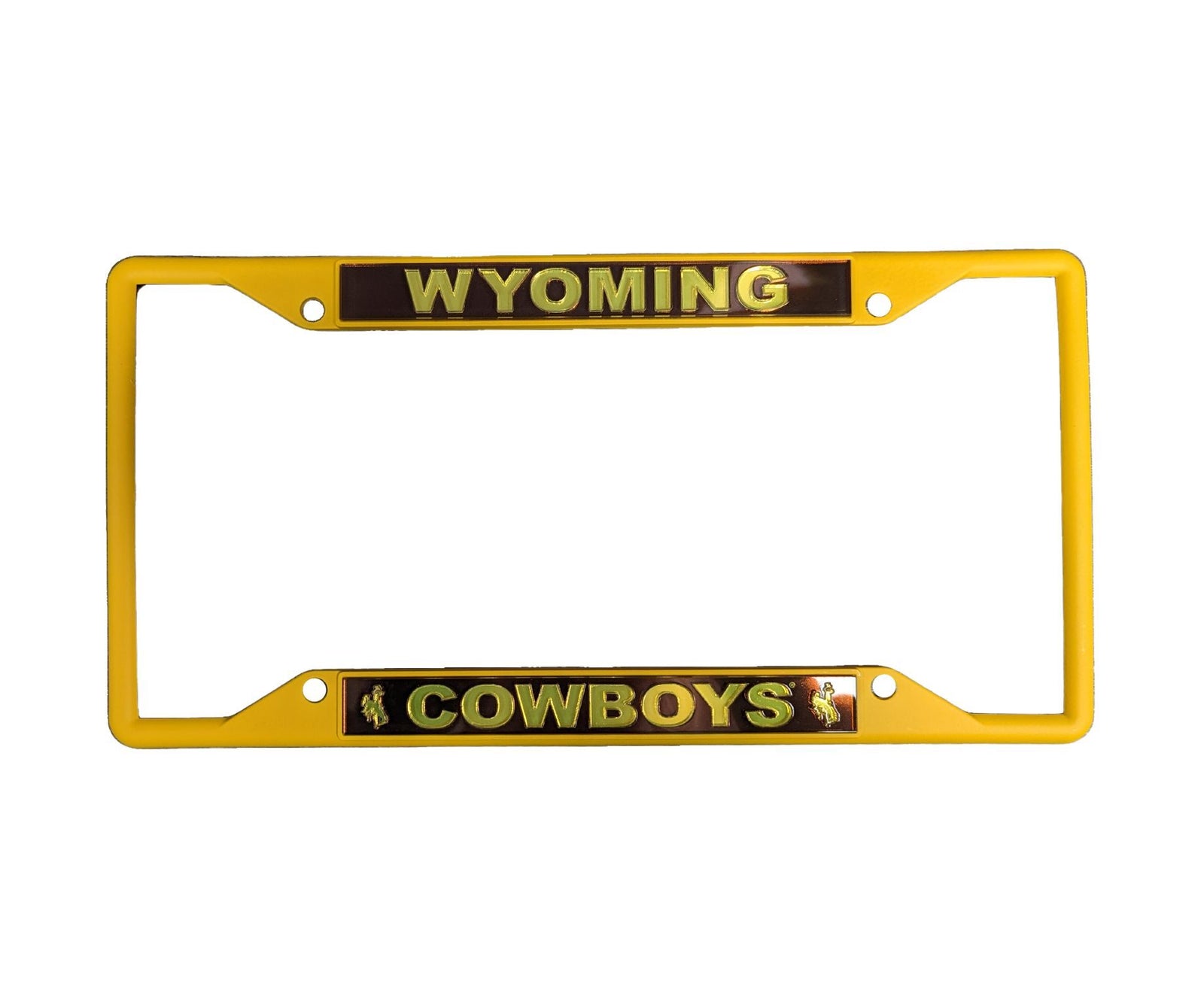 matte gold license plate cover. gold Wyoming boxed in, in brown on top. Gold cowboys boxed in, in brown with gold bucking horse on either side.
