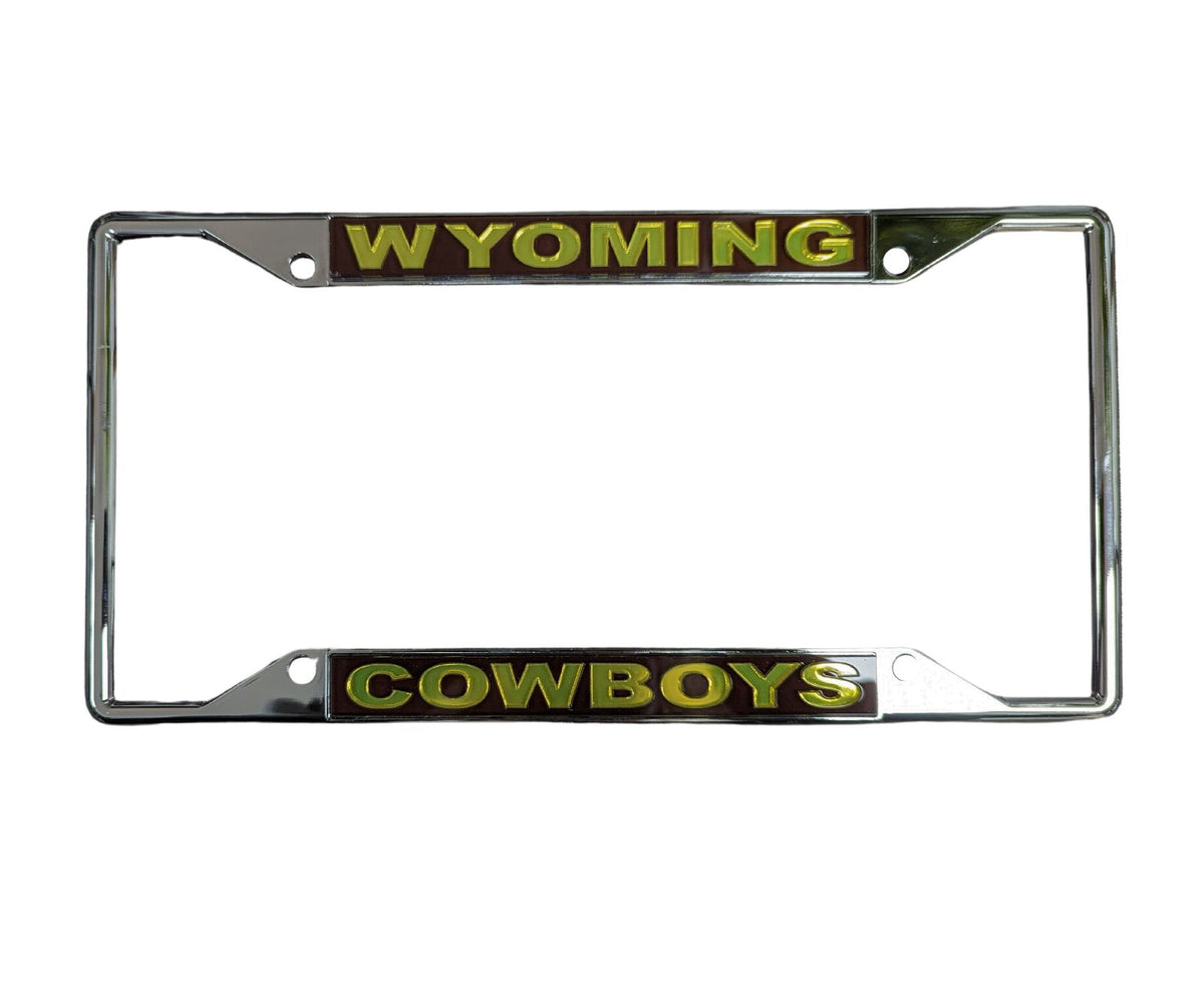 Silver license plate cover. gold Wyoming boxed in, in brown on top. Gold cowboys boxed in, in brown.