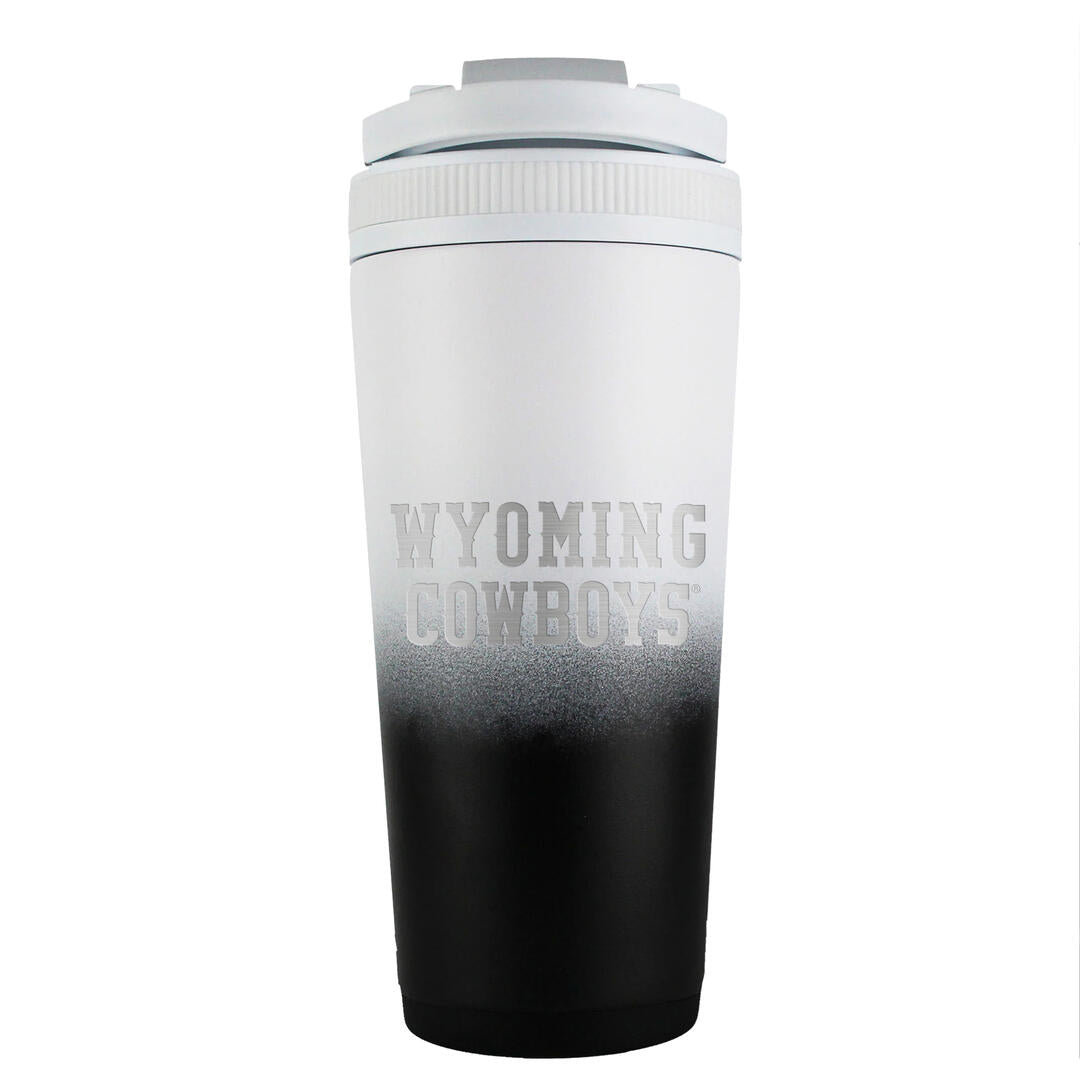 Ombre white, top, black, bottom, 26 ounce ice shaker tumbler. Wyoming cowboys engraved on one side.