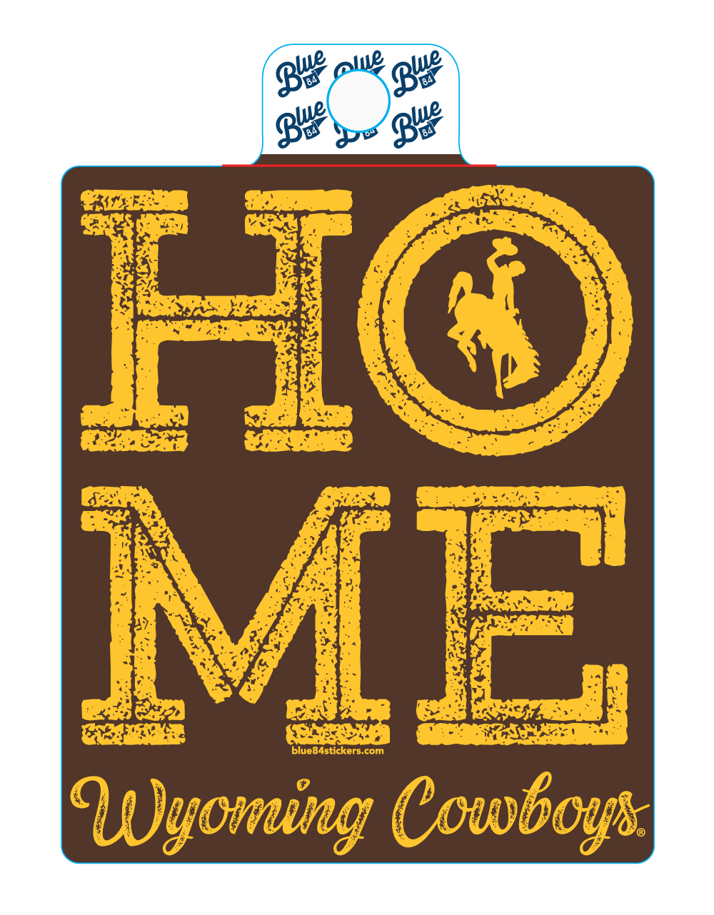 Square decal with brown background. Home in all caps in gold with script wyoming cowboys at bottom