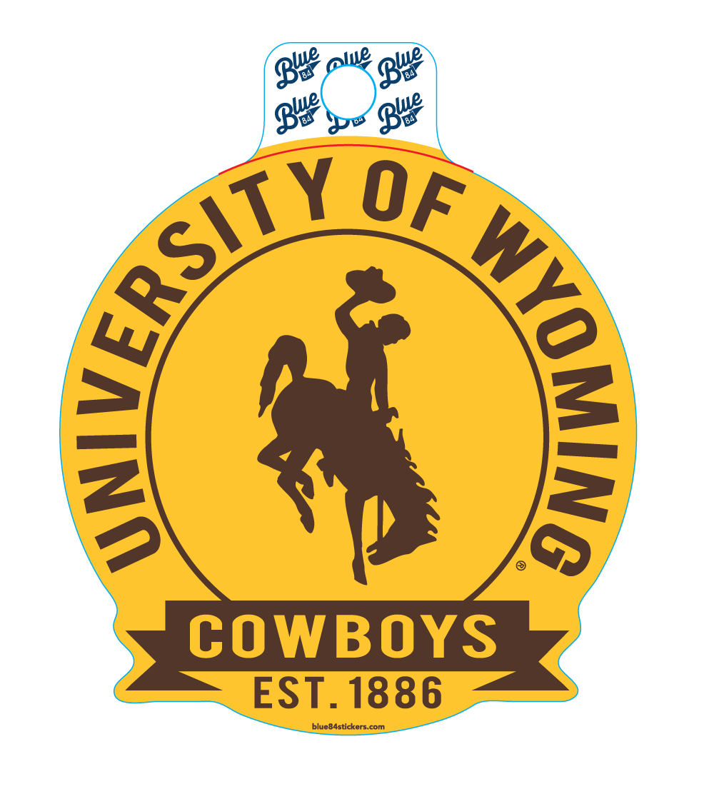 circle decal with gold background and brown text. University of Wyoming arced at top with bucking horse in center and cowboys, within banner, at bottom