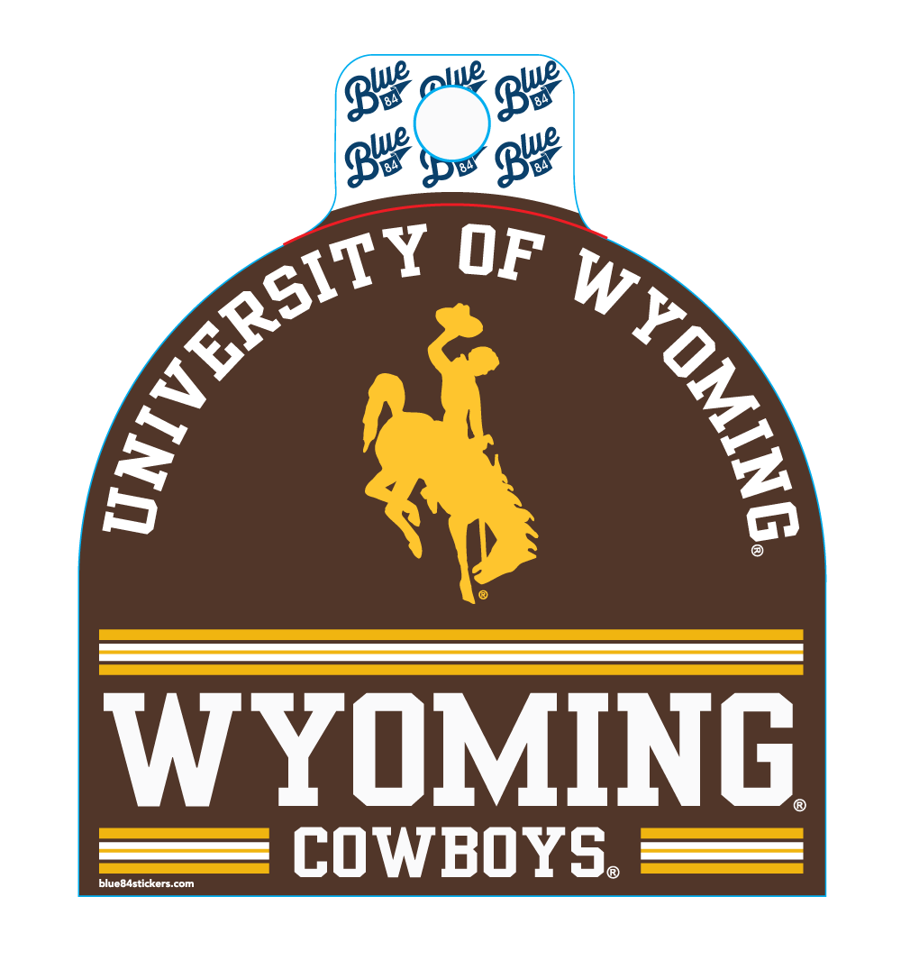 half circle decal with arced university of wyoming at top and bucking horse in center. Wyoming cowboys at bottom. Text is white and bucking horse is gold.