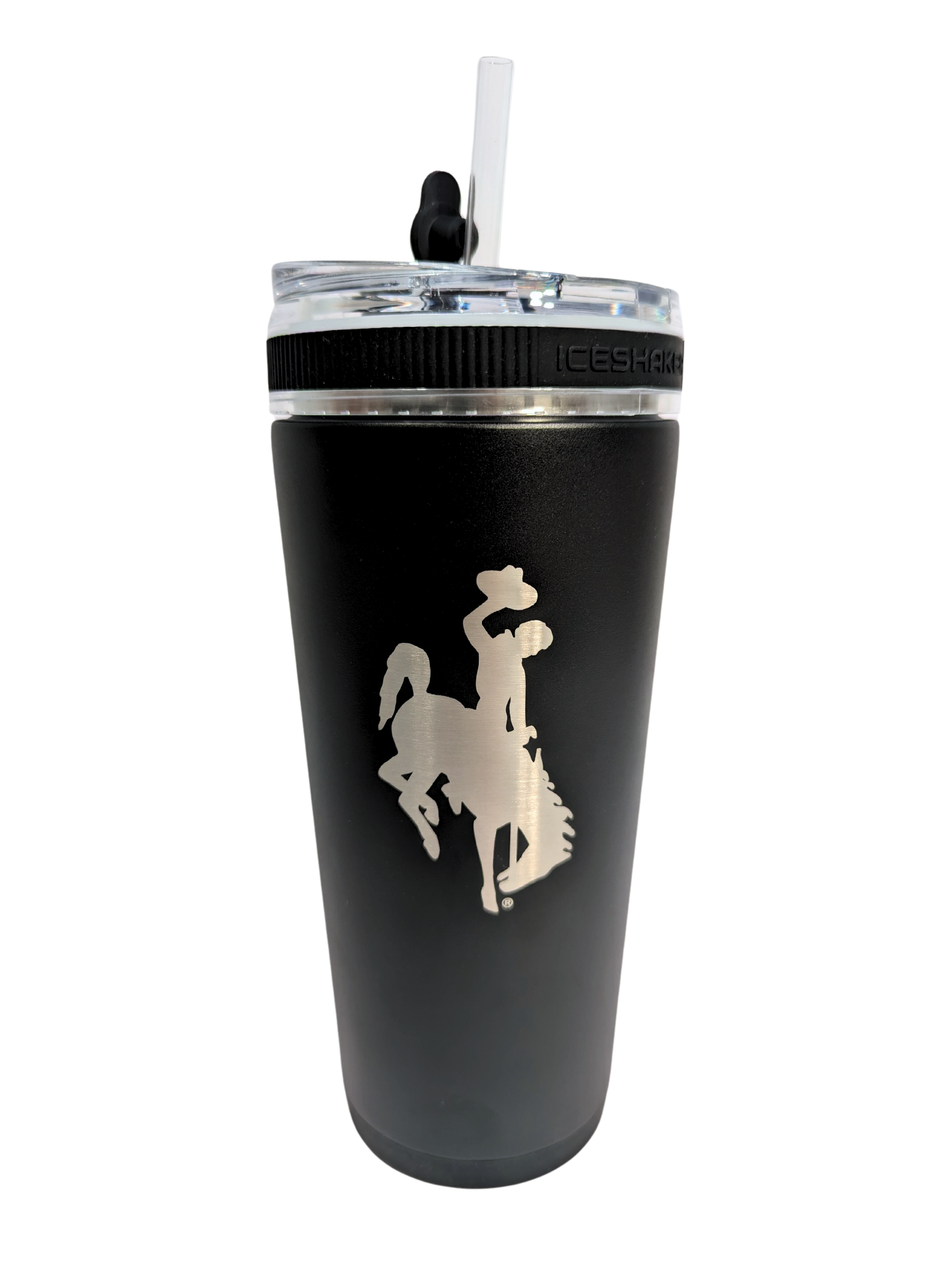 26oz ice shaker bottle, black with clear lid. steel etched bucking horse on one side.