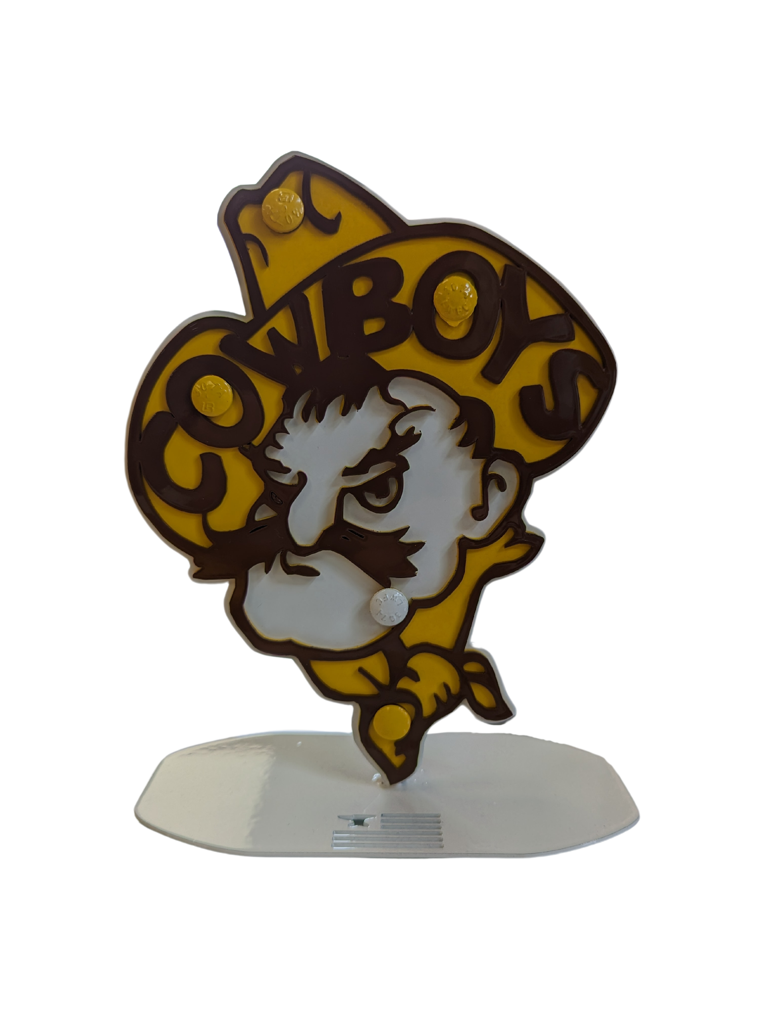 Pistol pete head desk topper. Metal is white, gold, and brown