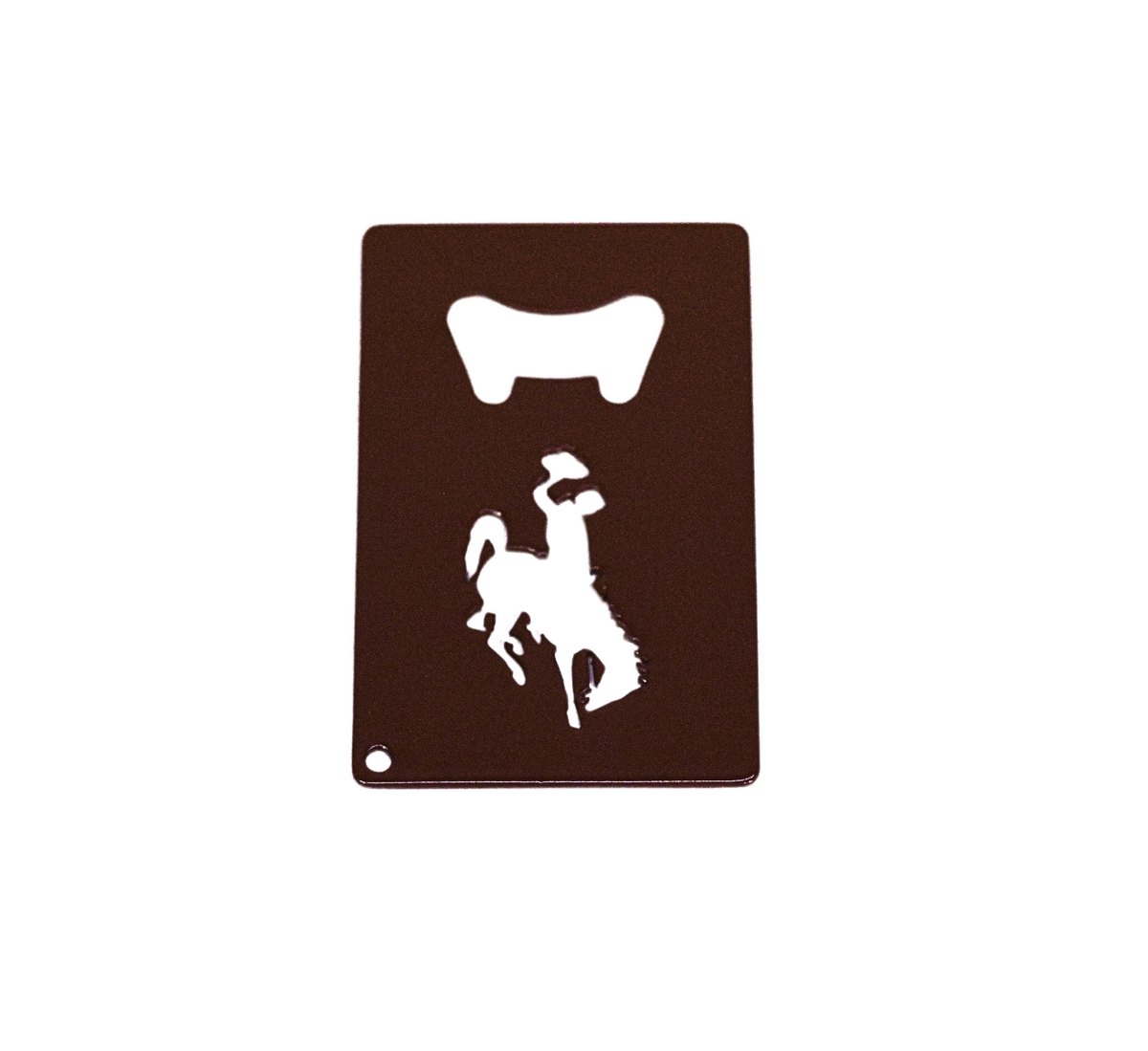 brown metal bottle opener with cut out bucking horse