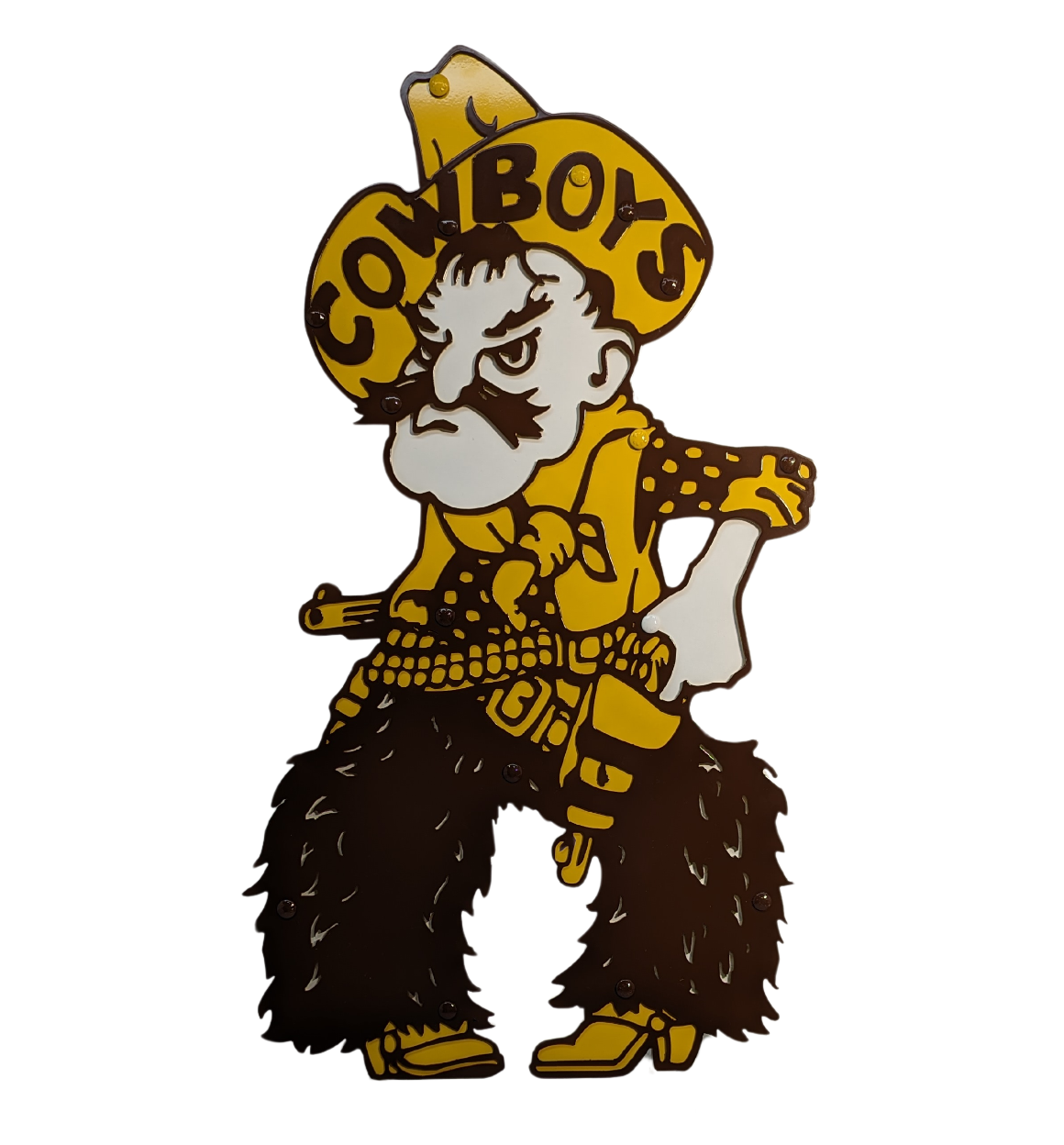 Pistol pete yard decor. Pitol pete is gold, white and brown with yard stakes coming out of the boots.
