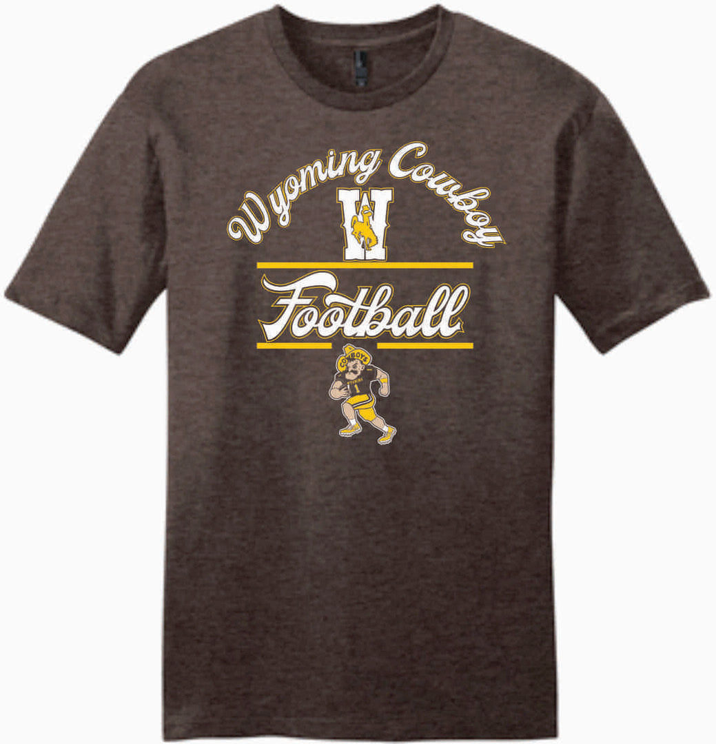 Brown short sleeve tee with arced script wyoming cowboy, large W under arc, with football in script below. Pistol pete playing football at bottom of design