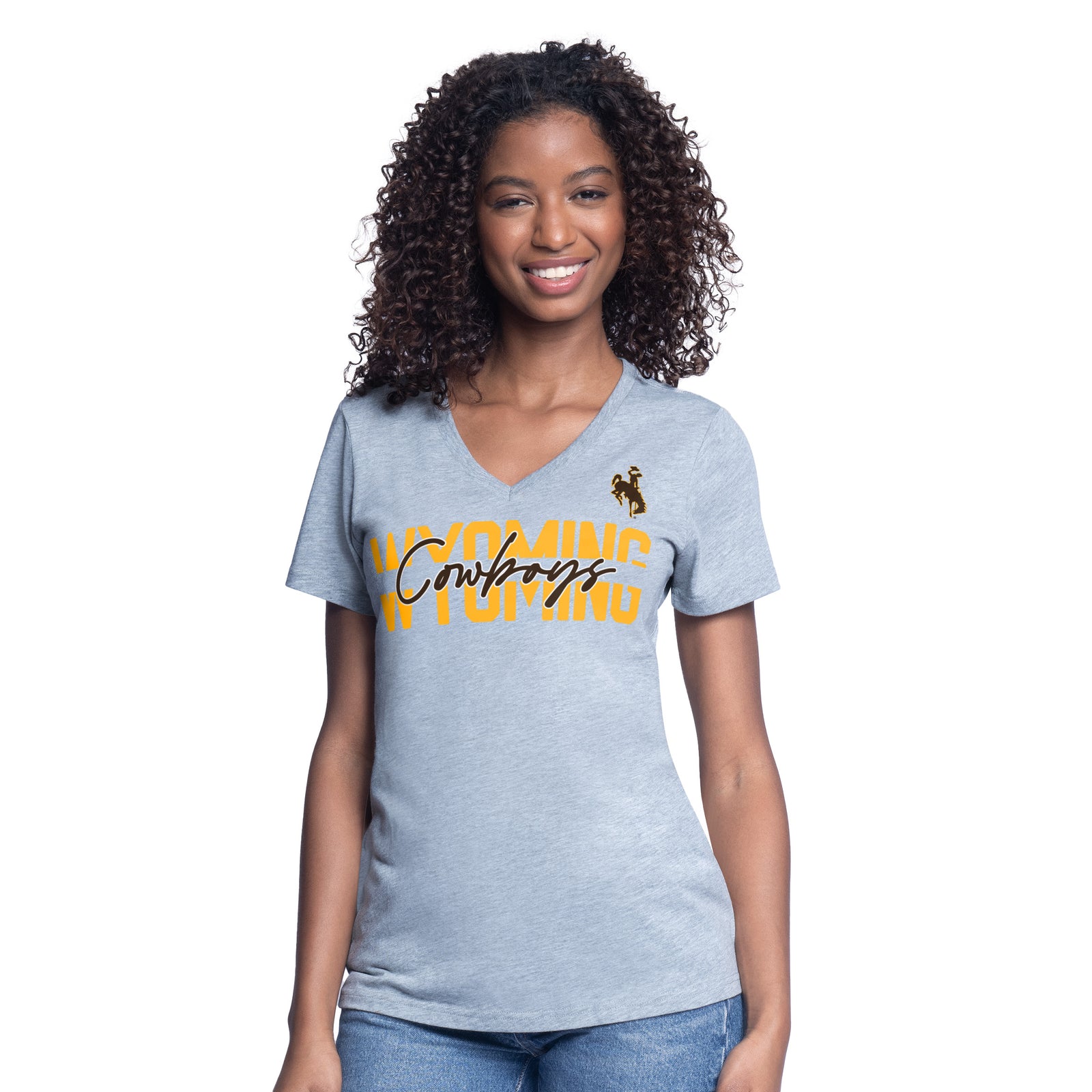 grey womens short sleeve tee with gold wyoming lettering centered on chest with cowboys script through the middle, borwn bucking horse upper left chest