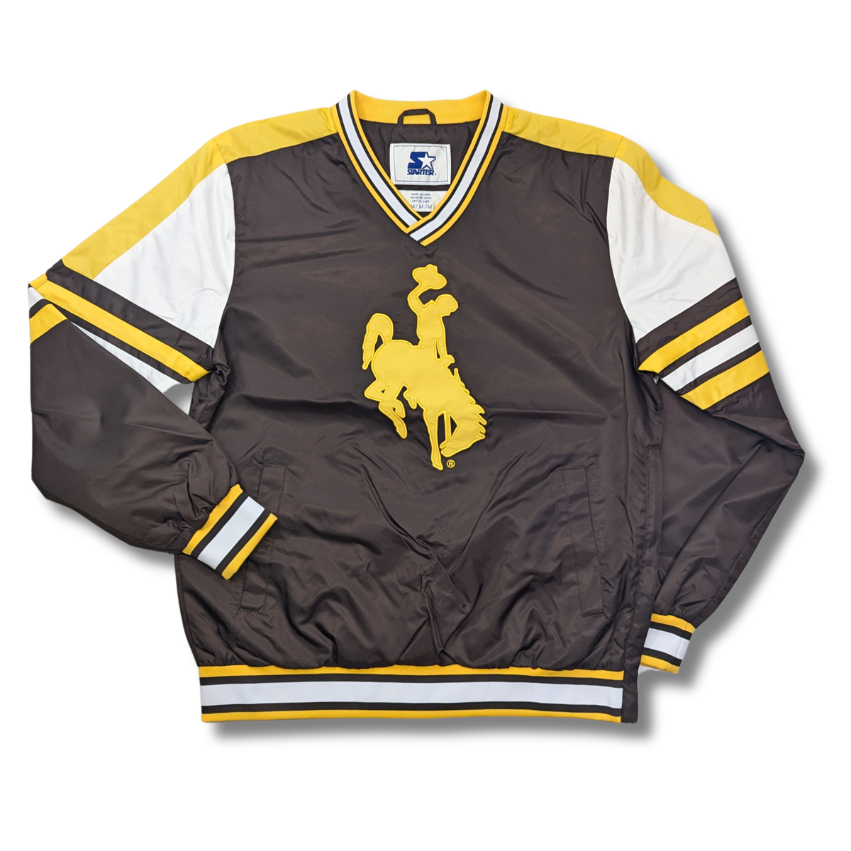 Brown, gold and white, lightweight pullover. Brown body with gold bucking horse on center chest. Shoulders to elbow, white and gold stripe detail