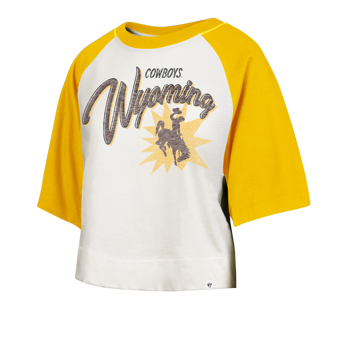 white and gold three quarters short sleeve tee, white body, gold sleeves, design center chest, cowboys at top, arch wyoming script, bucking horse at bottom with star detailing in background