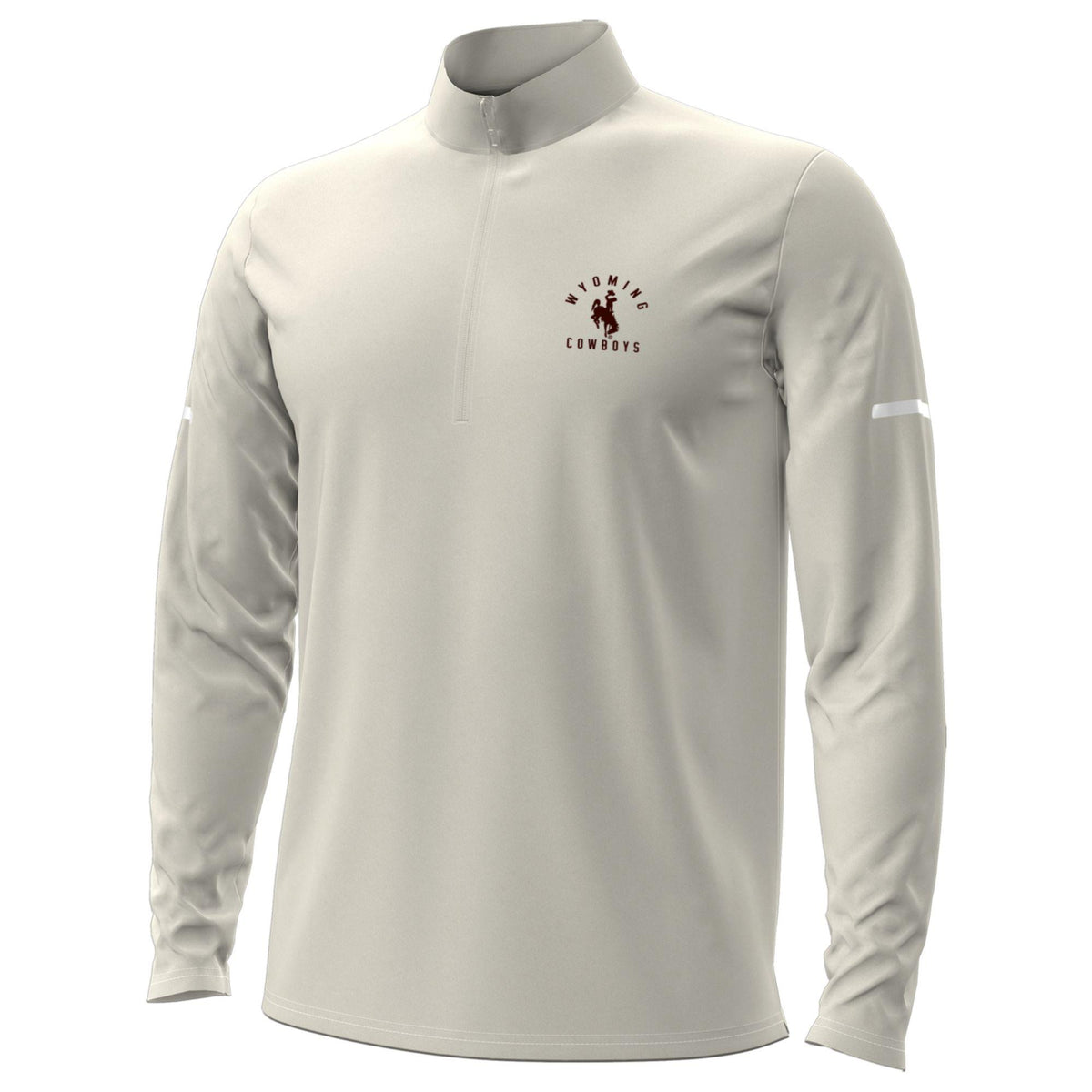 off-white quarter zip jacket. small arced wyoming cowboys with bucking horse in brown on left chest
