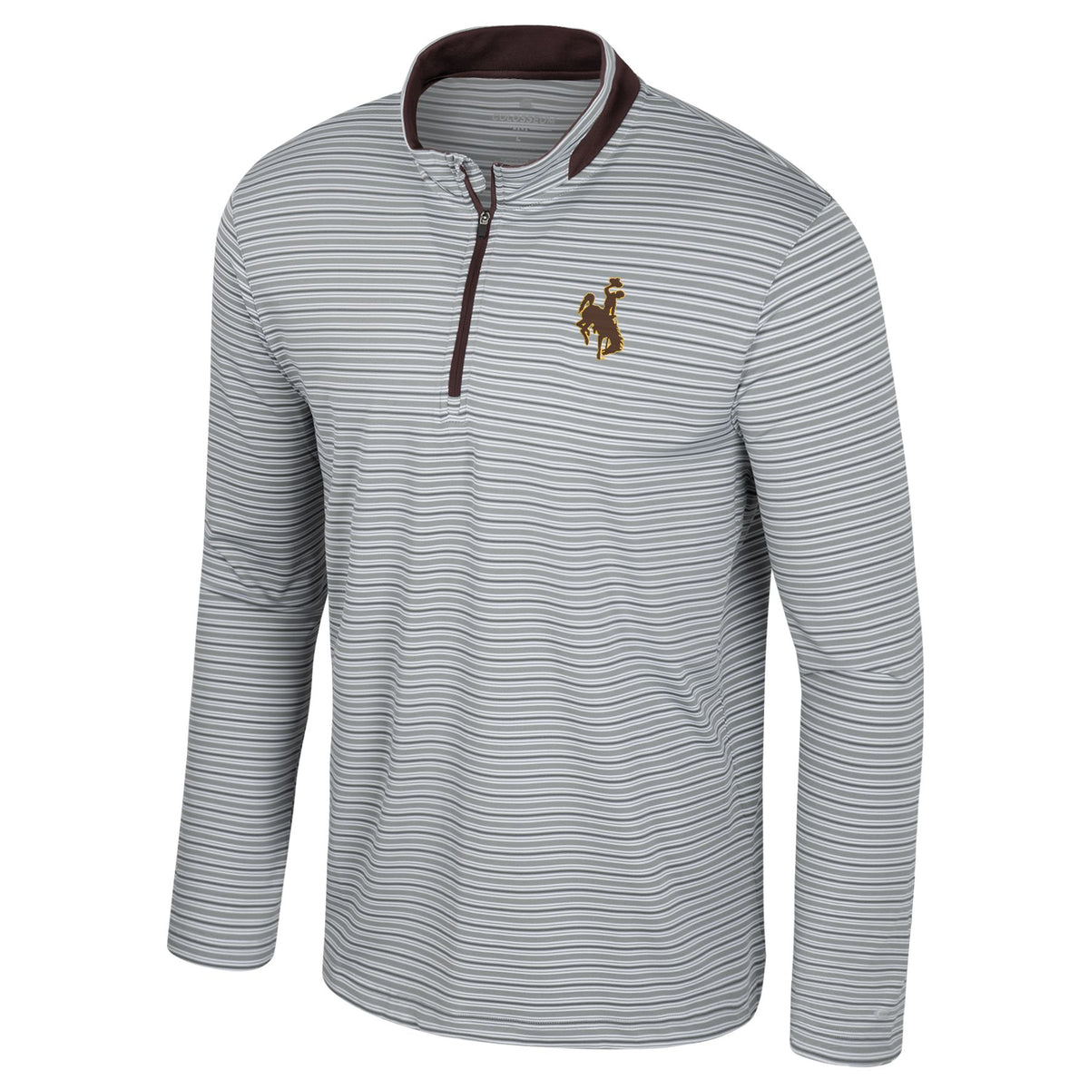 grey striped quarter zip pullover. multiple shades of grey stripes on entire pullover with brown bucking horse with gold outline on left chest