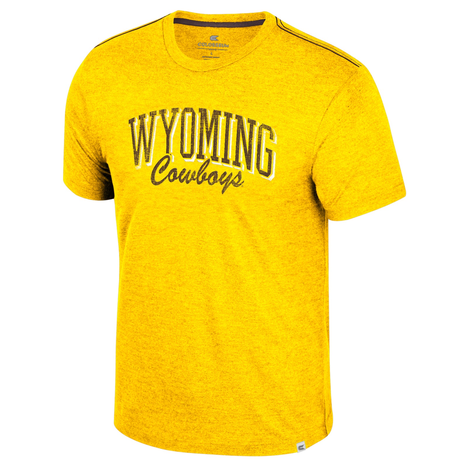 gold short sleeve tee with design center chest. Arced wyoming in brown with white shadow. Script brown Cowboys under