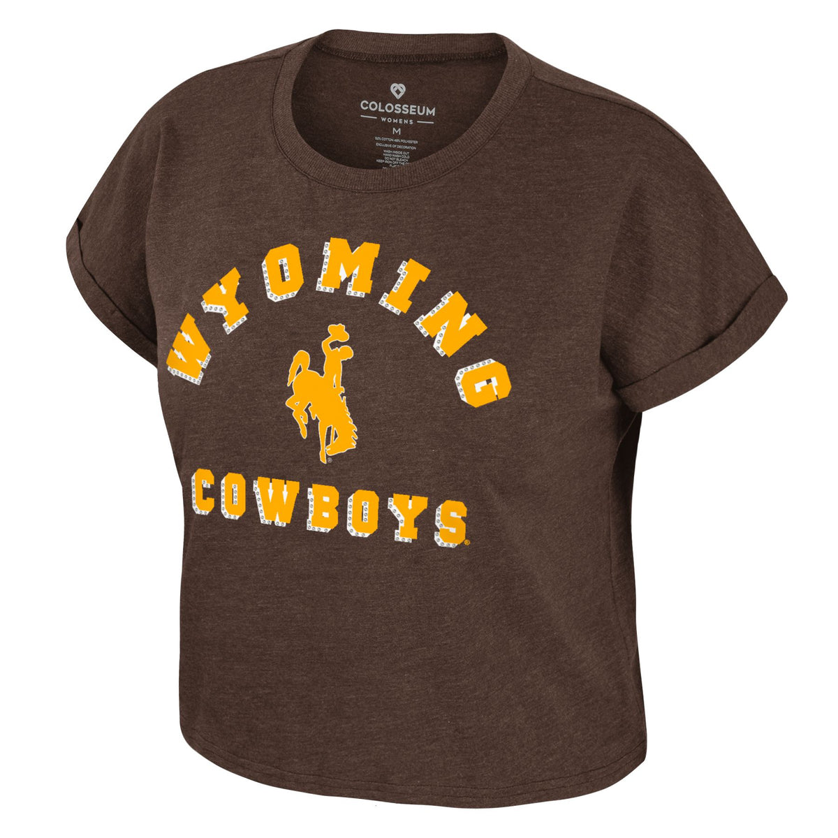 Brown Wyoming Cowboys cropped T-shirt with rolled sleeves. Features wyoming cowboys in bold gold letters with rhinestone detailing and a bucking horse logo in the center.