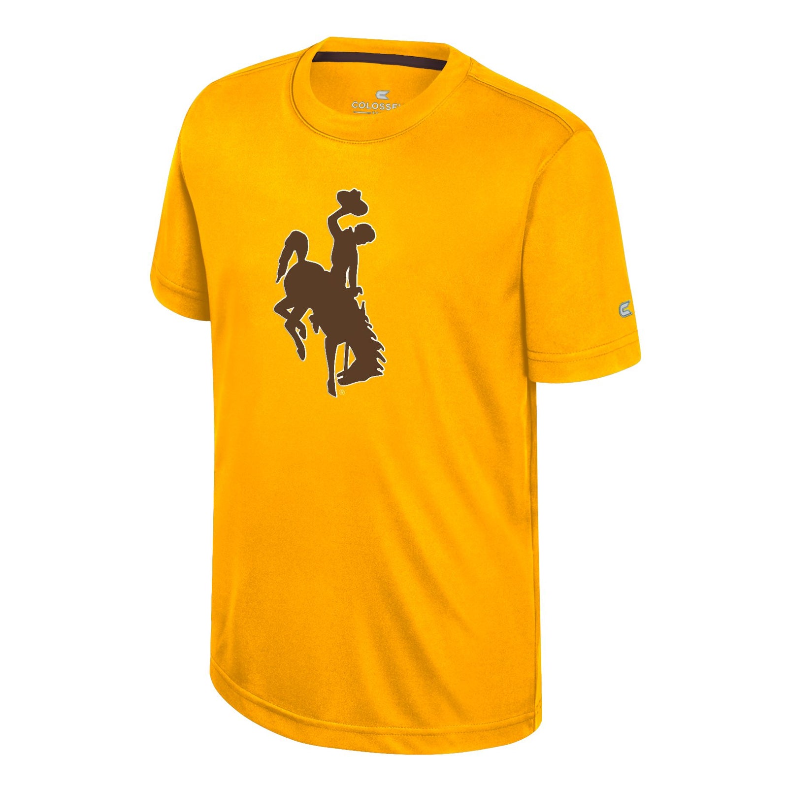 gold short sleeve tee with large brown bucking horse center chest. on back of neck, small brown W with white outline