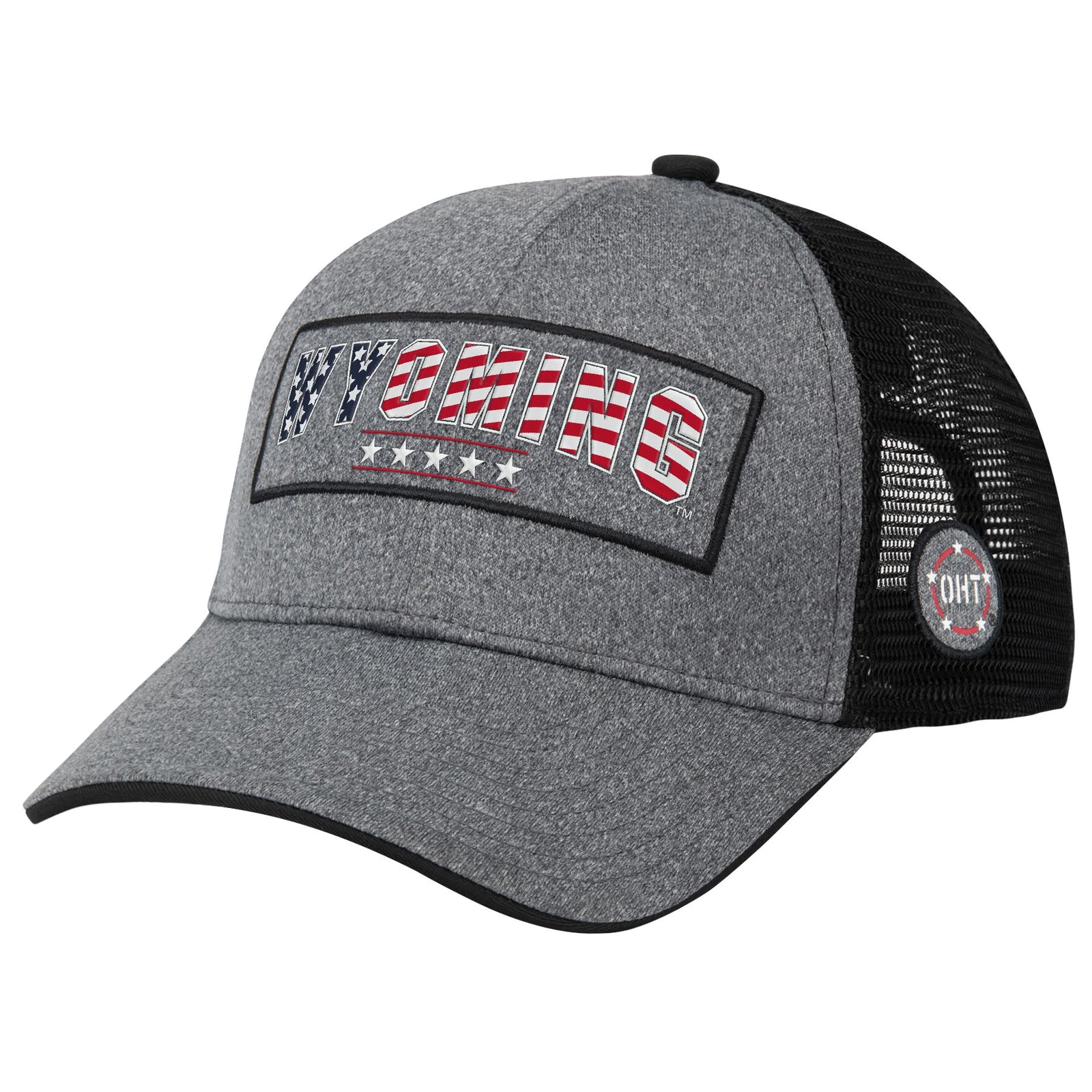 dark grey and black OHT adjustable hat. grey panel front with black mesh back, wyoming with USA flag letter fill on front panel.