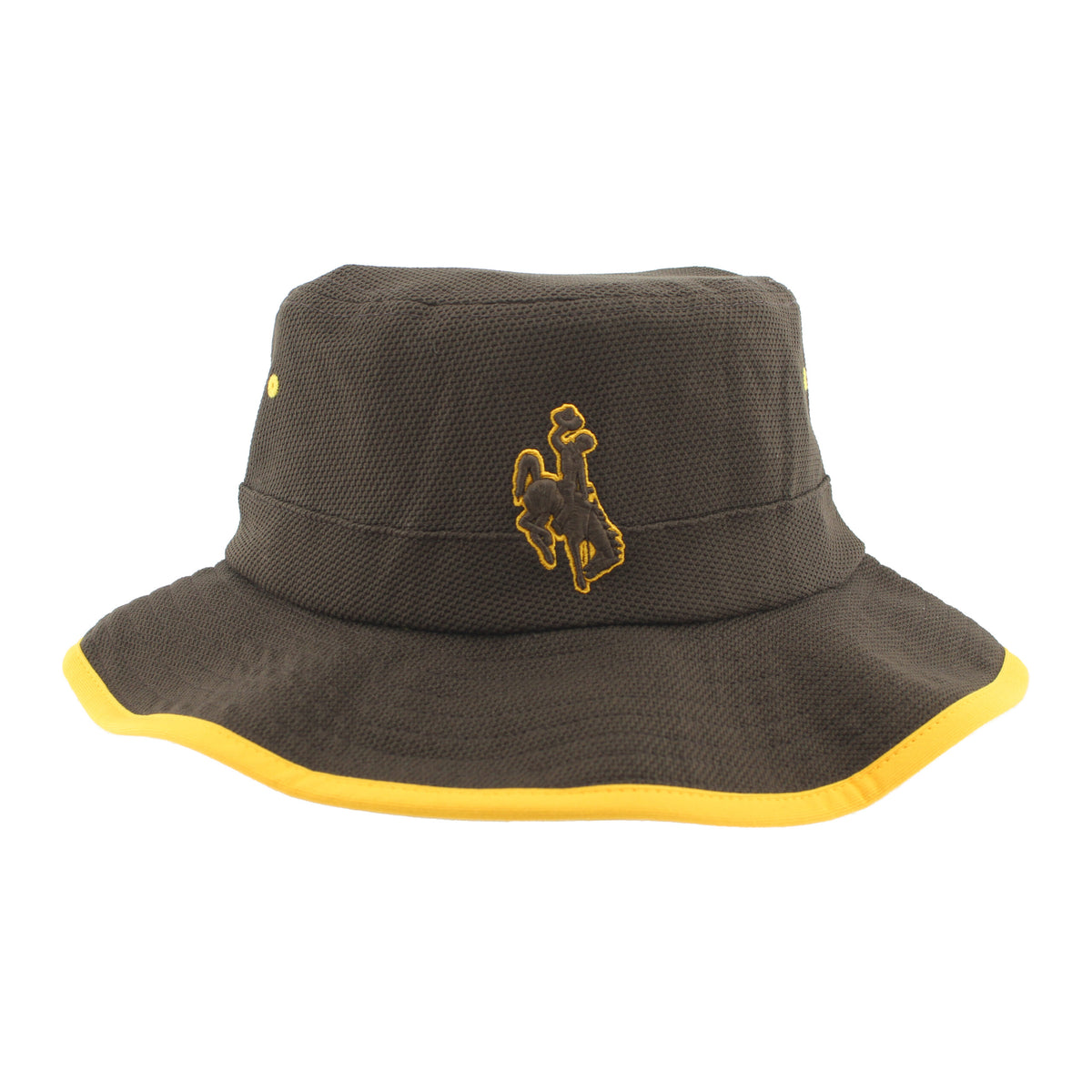 brown bucket hat with gold trim on brim. Embroidered brown bucking horse with gold outline on front