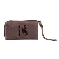 brown leather writslet wallet with embossed design front center, design is sideways wyoming left-centered and bucking horse right centered