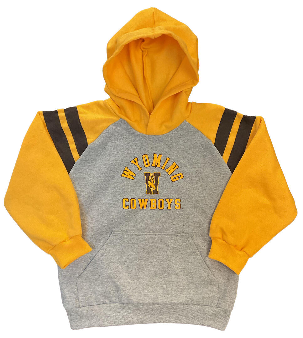 infant/toddler hooded sweatshirt in gold and grey. grey body with gold sleeves and hood. On center chest, arced wyoming with W under and Cowboys at bottom in gold with brown outline