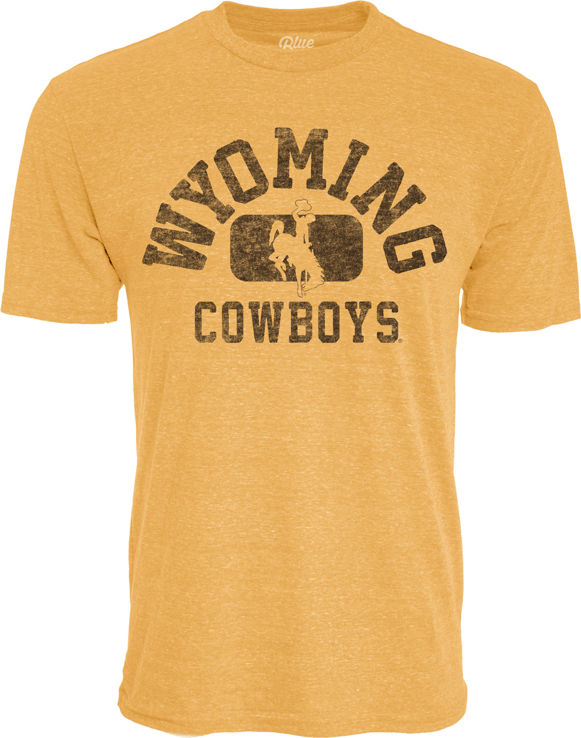 gold short sleeve tee with wyoming arched in dark brown with gold bucking horse center chest, cowboys under