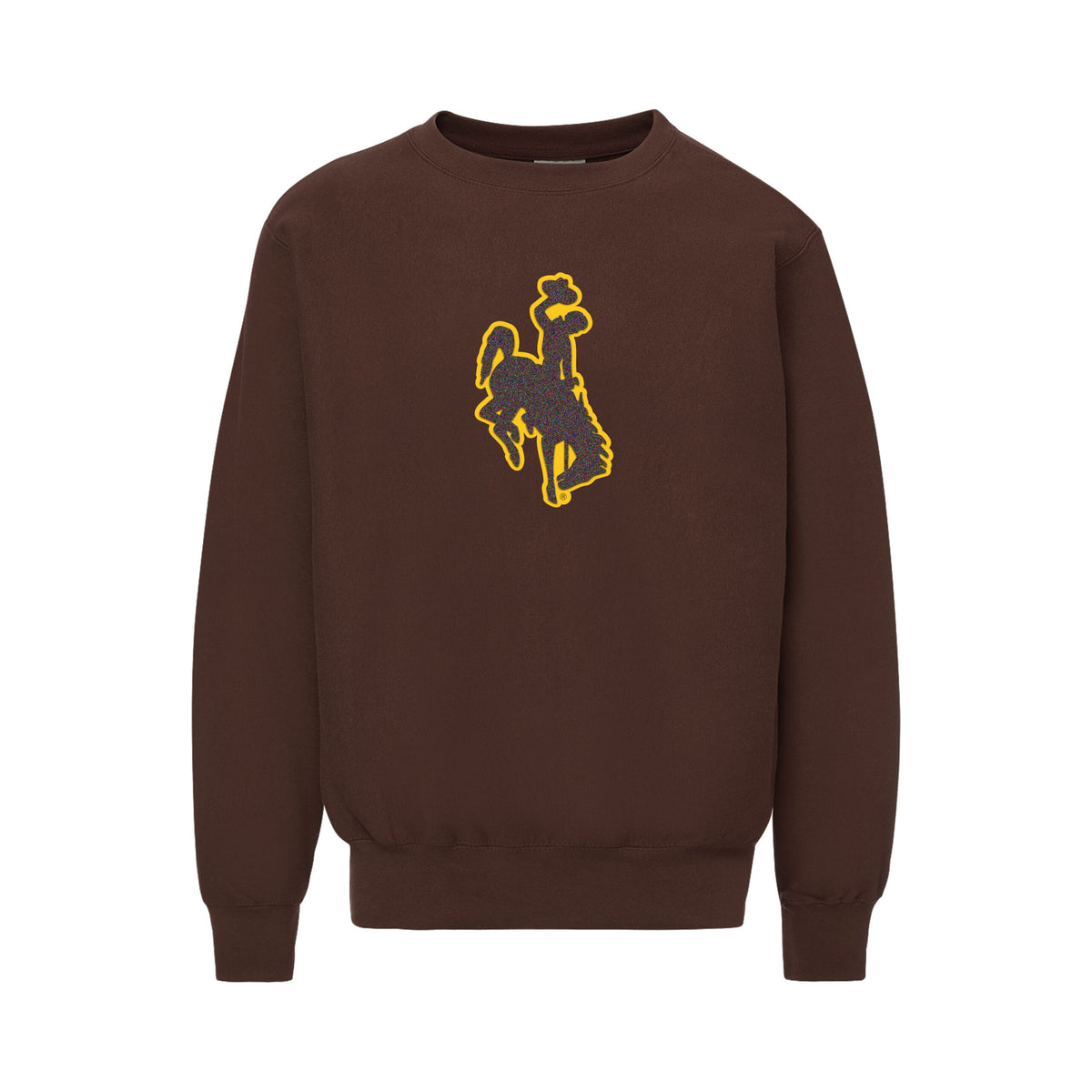 brown crew neck with bucking horse center chest. bucking horse is brown chenille with gold outline