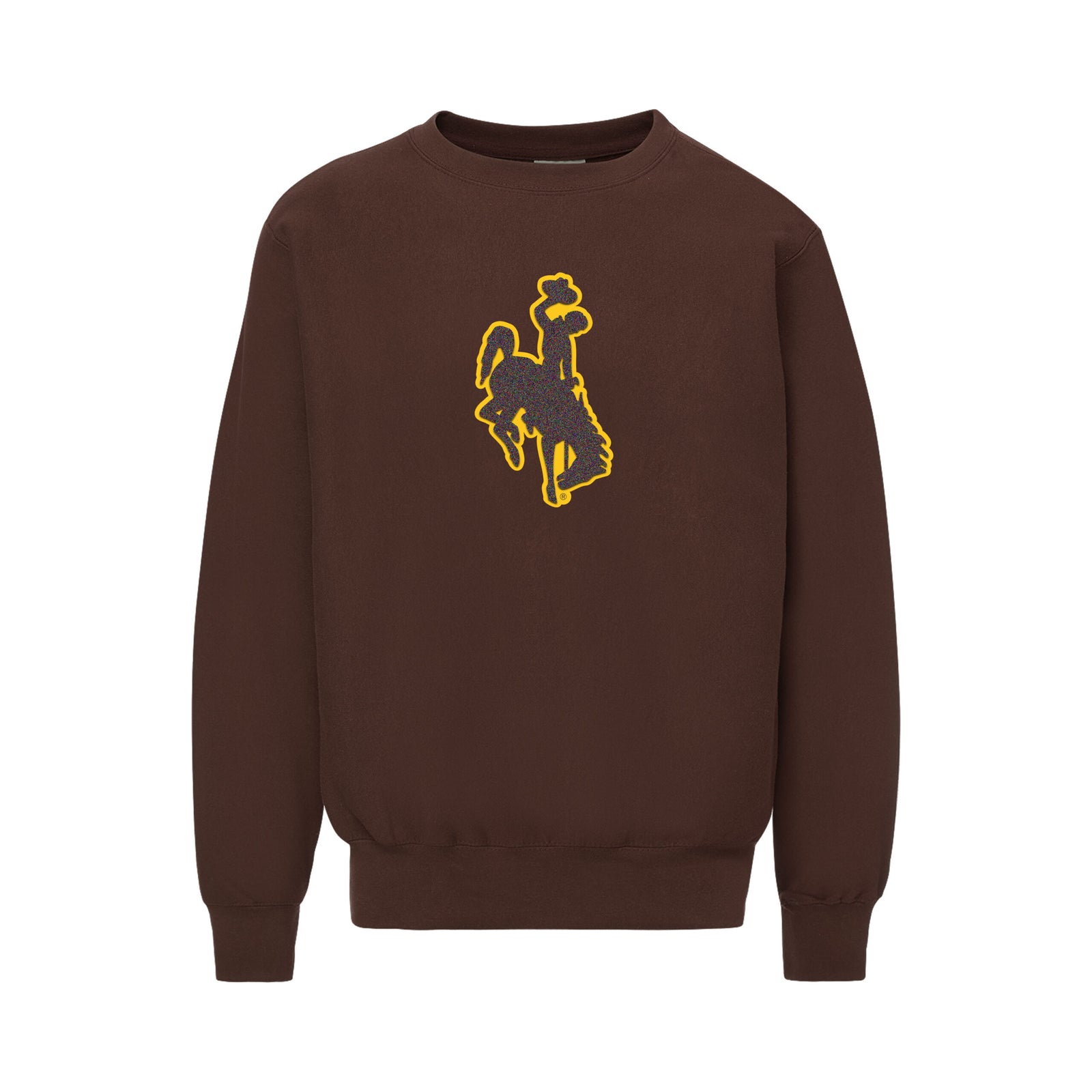brown crew neck with bucking horse center chest. bucking horse is brown chenille with gold outline
