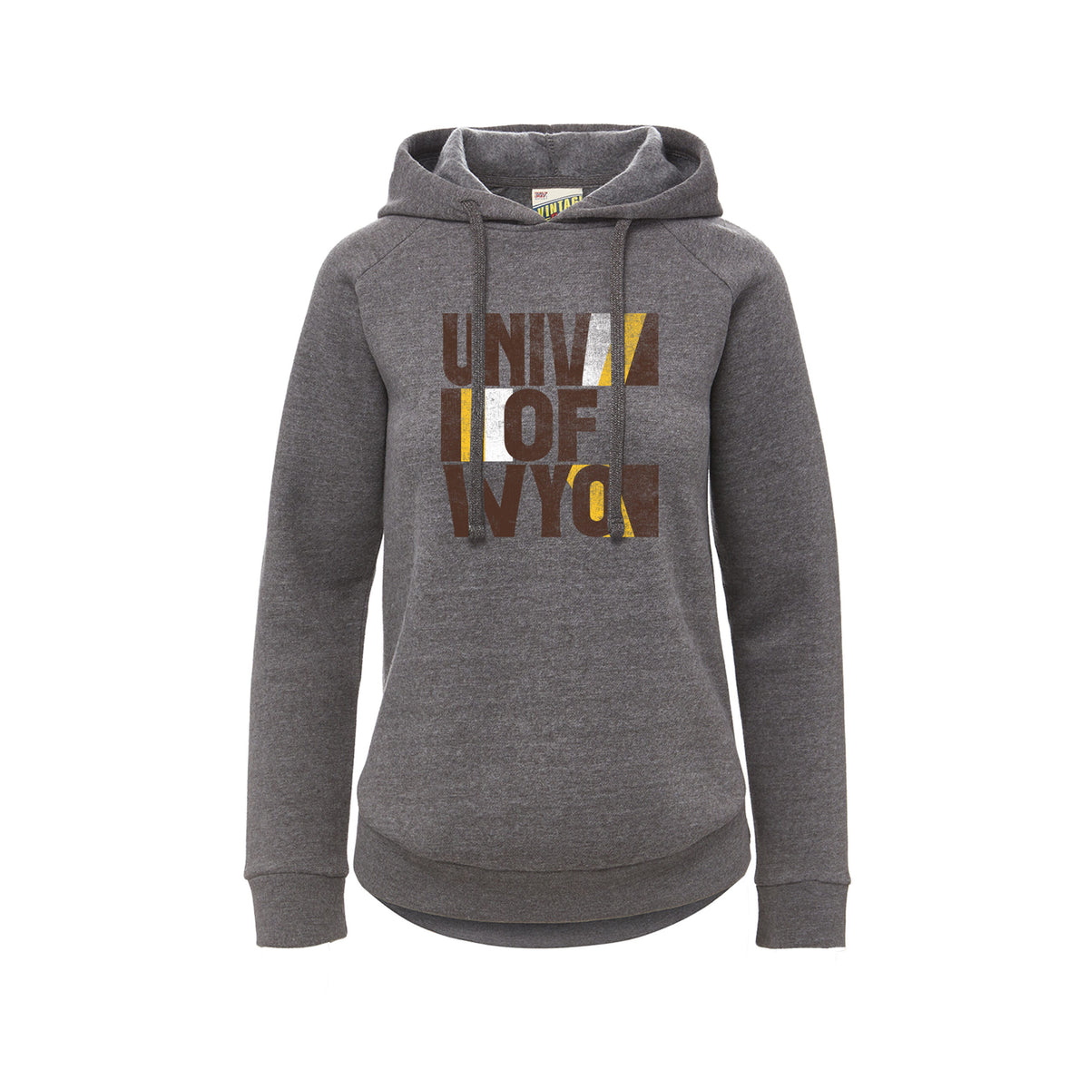 grey women's hooded sweatshirt with univ of wyo stacked on top of each other in brown with gold stripes at the ends