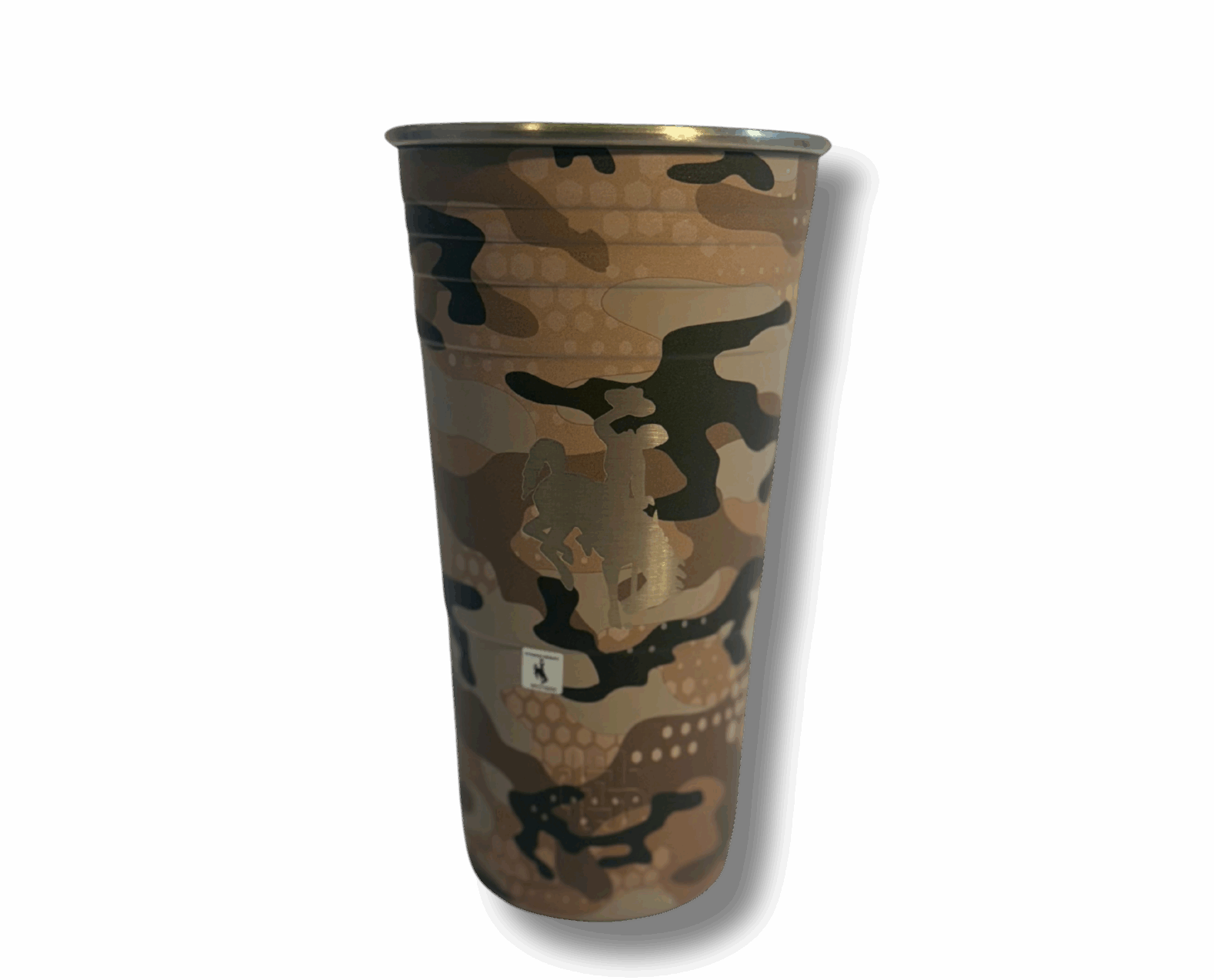 24 ounce, stainless steel cup with lid. Camo coloring with an etched bucking horse on front.
