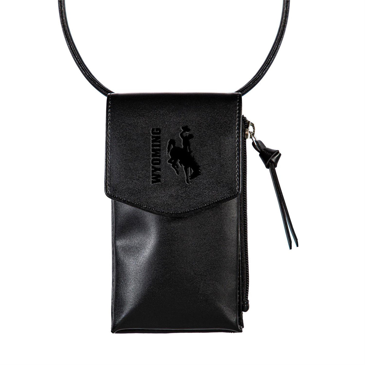 black crossbody puse with zipper on left side and flap to pocket on front. has wyoming and bucking horse imprinted on flap