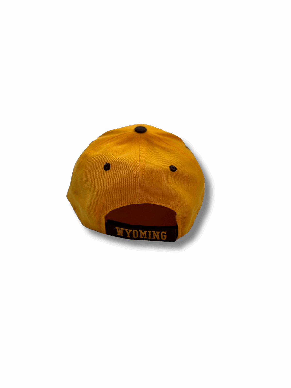 back of gold adjustable hat with brown eyelets and brown velcro strap with wyoming embroidered in gold