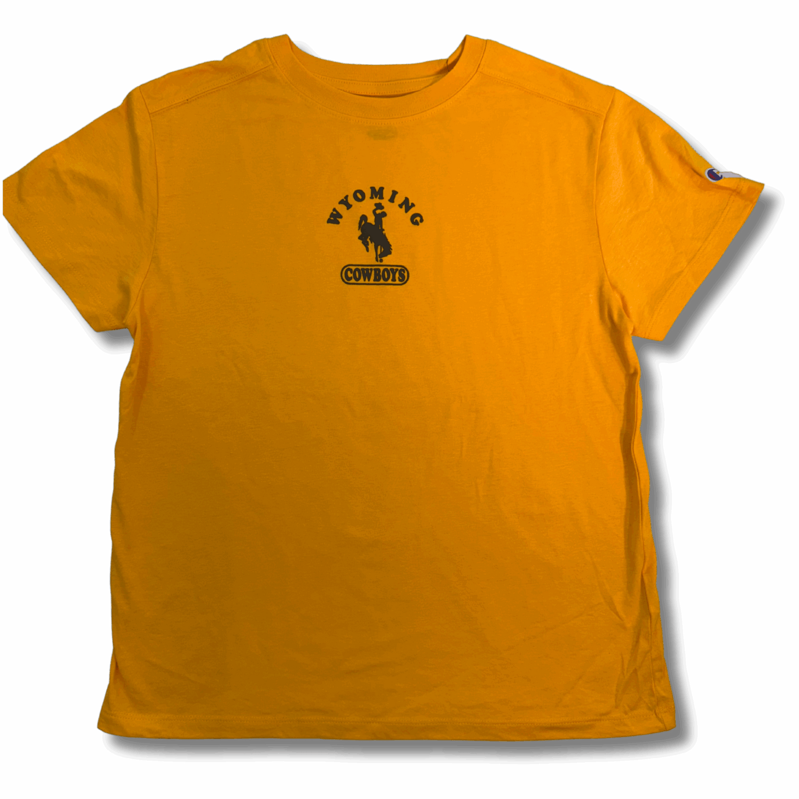 gold women's short sleeve tee with design center chest. design is arched wyoming bucking horse cowboys in brown