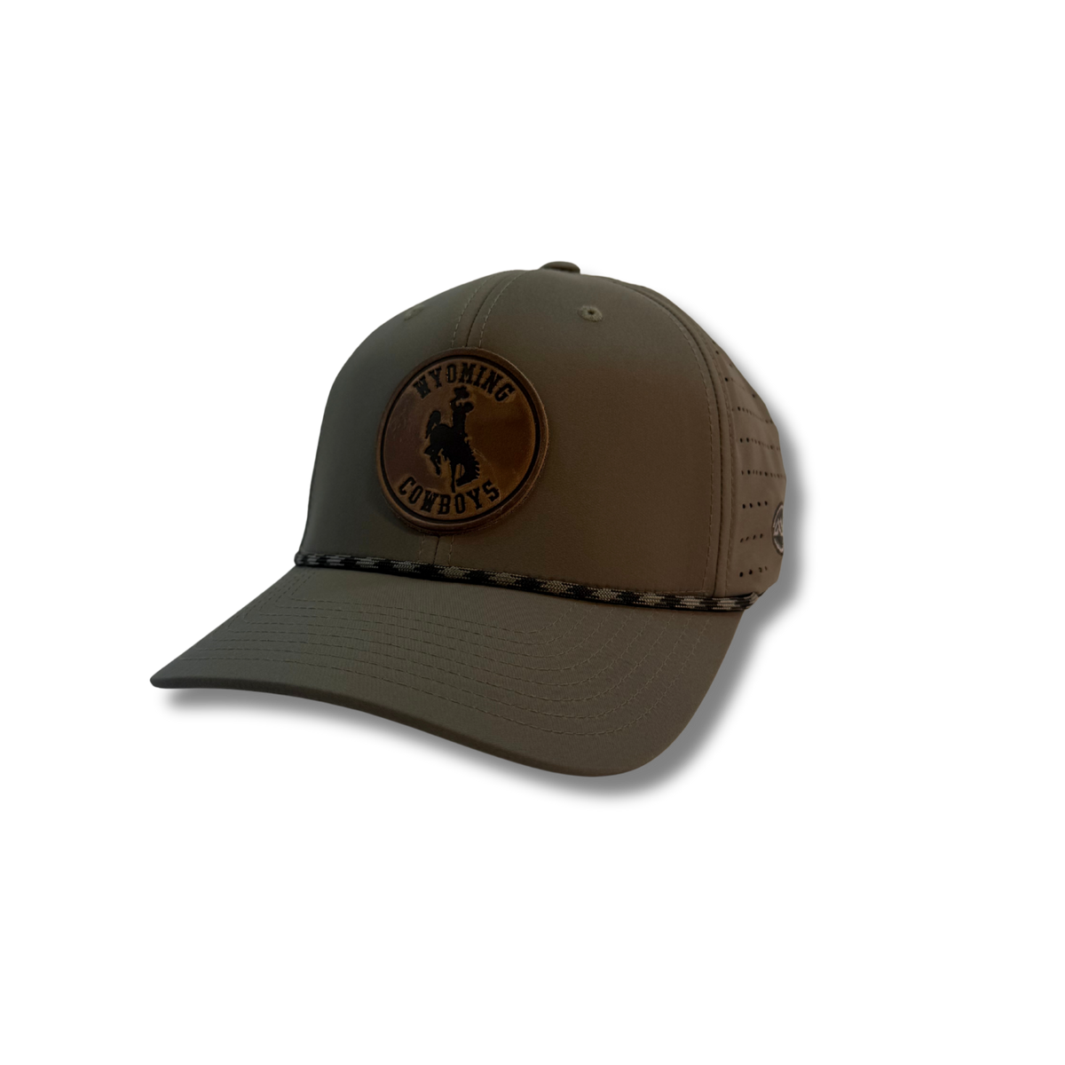 sage adjustable hat with black rope across bill. has circle leather patch on front bill that says wyoming cowboys with bucking horse