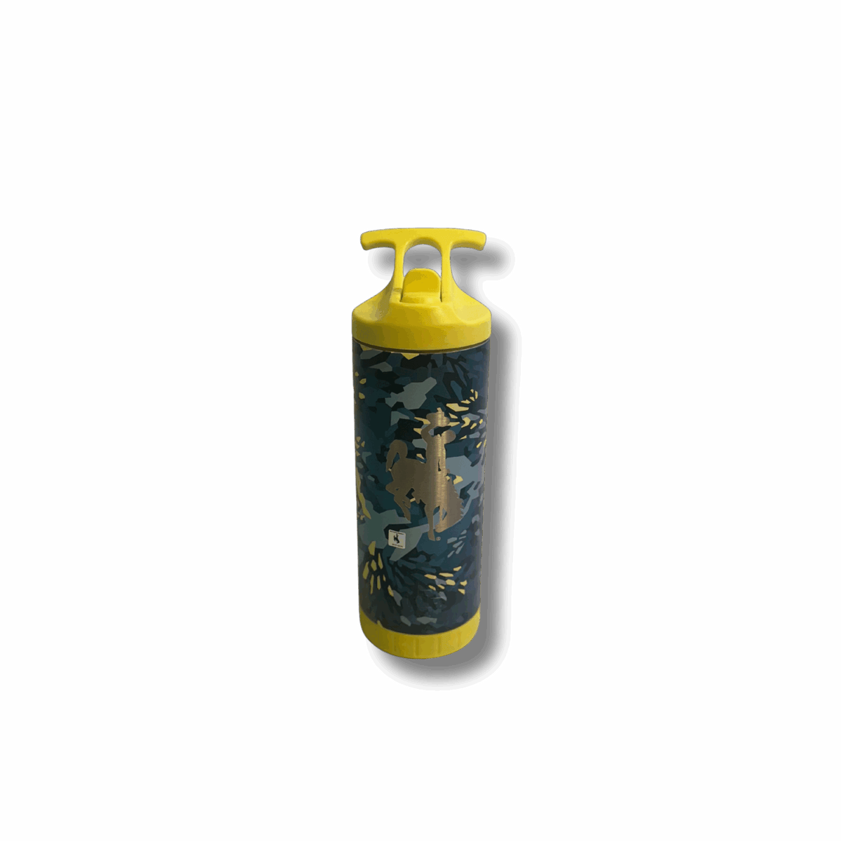18 oz. waterbottle with lime green flip lid and carrying handle. has camp pattern in grey, black and lime green all over and bucking horse on the front