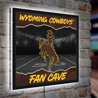 23"W x 23"L x 0.25"H 3D wall décor sign Wyoming cowboys bucking horse fan cave, 50 yard line background, bucking horse foreground