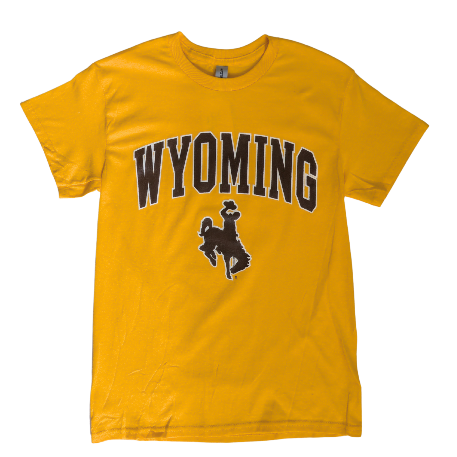 gold traditional short sleeve tee. Arced wyoming across chest, bucking horse under. Design is brown with white outline