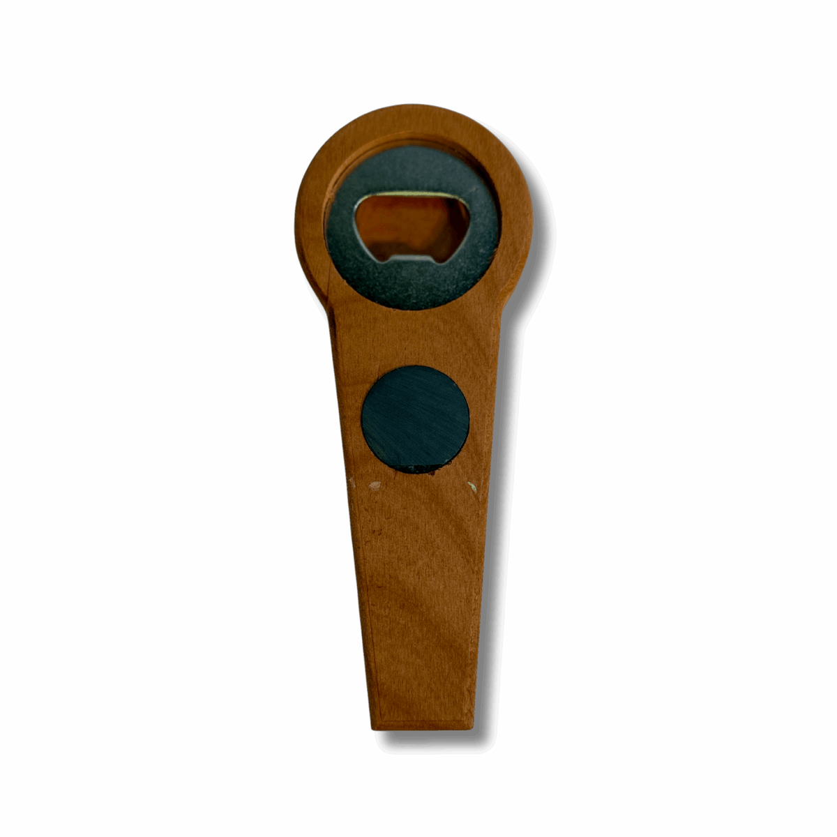 back of wooden bottle opener. has a magnet to stick on fridge and metal bottle opener