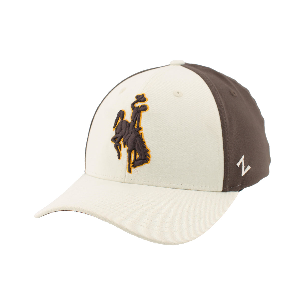Cream Hat with brown back. Has embroidered bucking horse in brown with gold outline on front panel