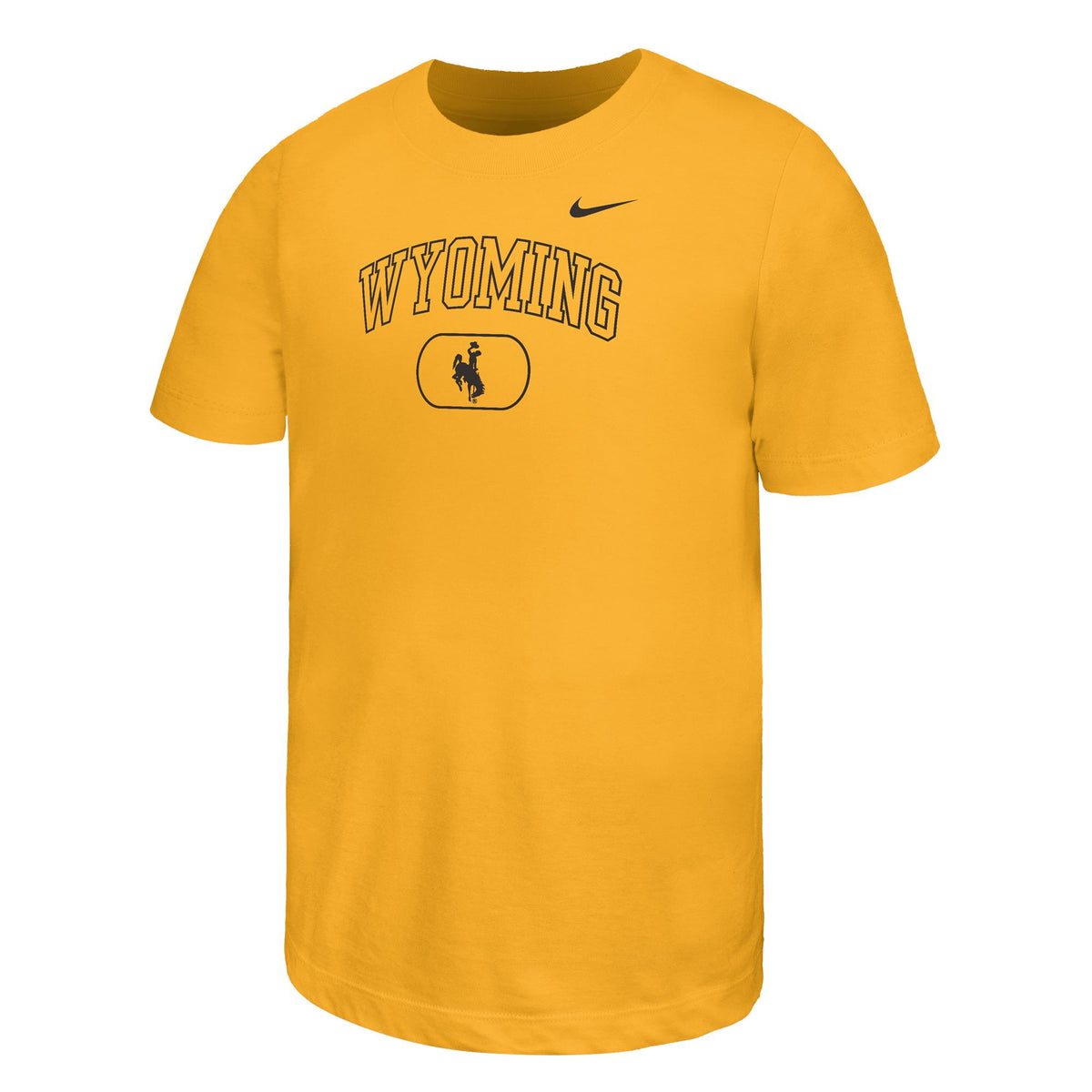gold youth nike tee with brown outline wyoming lettering arched over brown bucking horse with oval around it and small nike swoosh top left chest