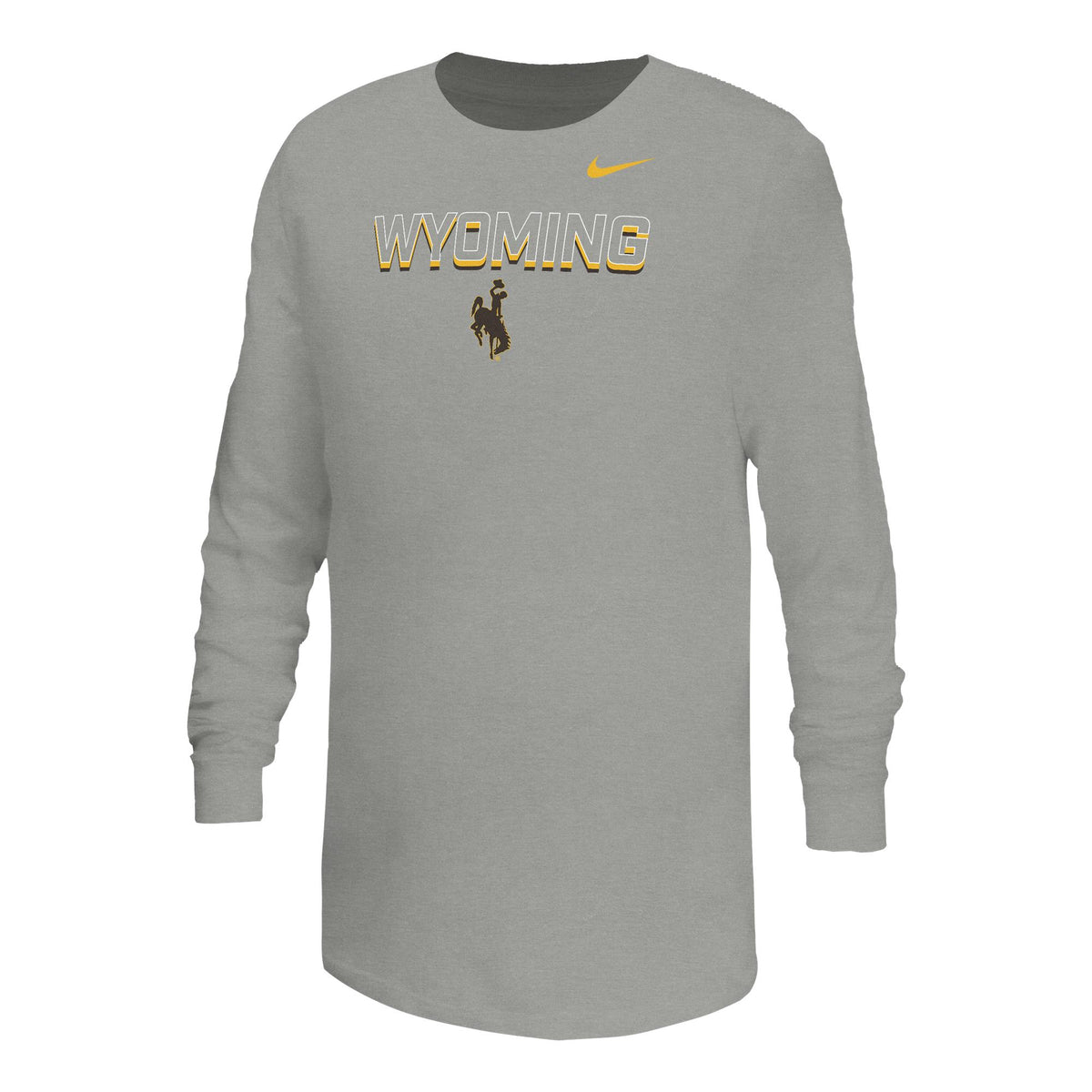 youth grey nike long sleeve. has white outlined wyoming letters with brown and gold drop shadow with brown bucking horse below and gold nike sign left centered above. All center chest