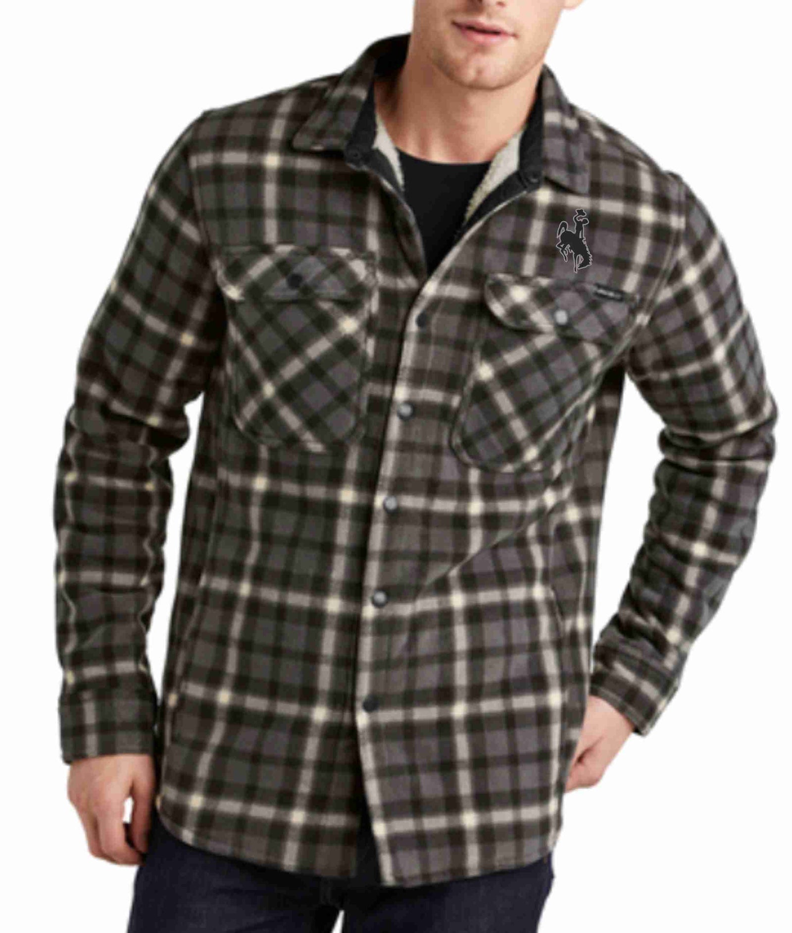 grey and black plaid eddie bauer button up jacket with pockets on chest. has buking horse on left chest above pockets