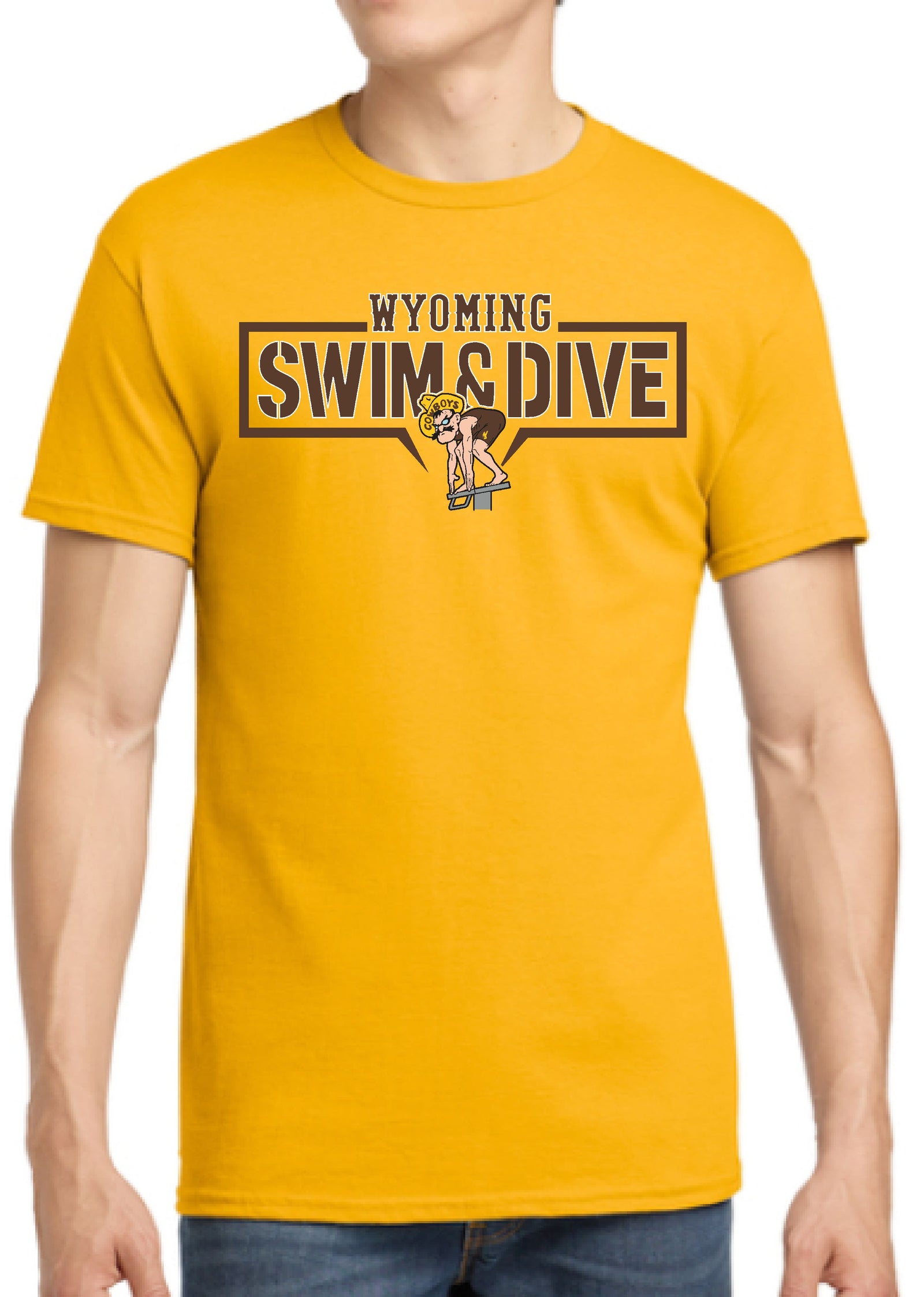 Yellow t-shirt with 'Wyoming Swim & Dive' text and pistol pete graphic below all center chest in brown and white.