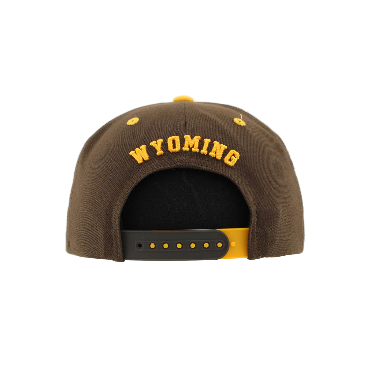 Back view of a brown baseball cap with 'WYOMING' embroidered in yellow on the crown and a yellow and black adjustable snapback strap.