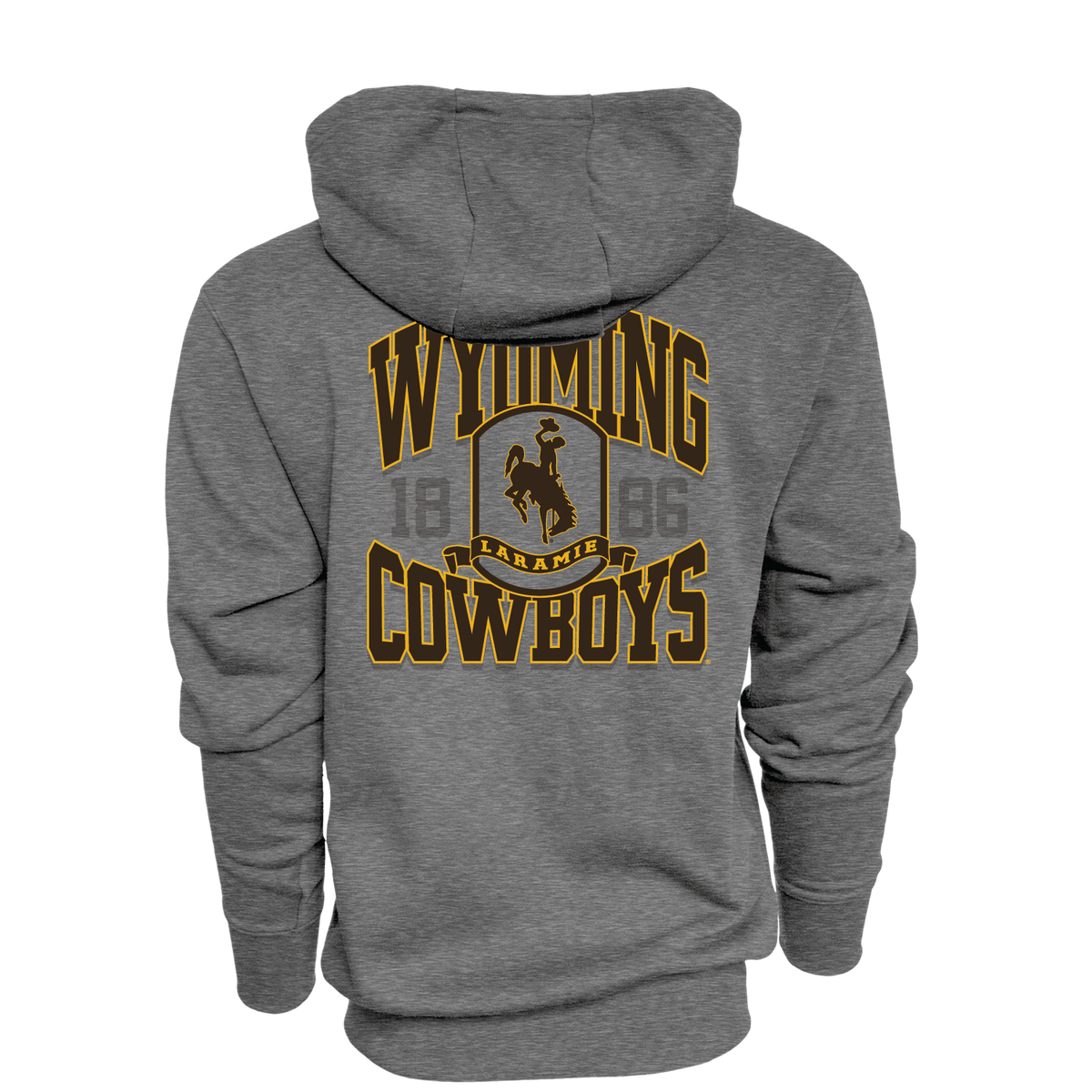 A heather gray pullover hoodie shown from the back, featuring a large graphic print with the words 'WYOMING COWBOYS' in gold and brown, a cowboy silhouette, and '1896' in the center.
