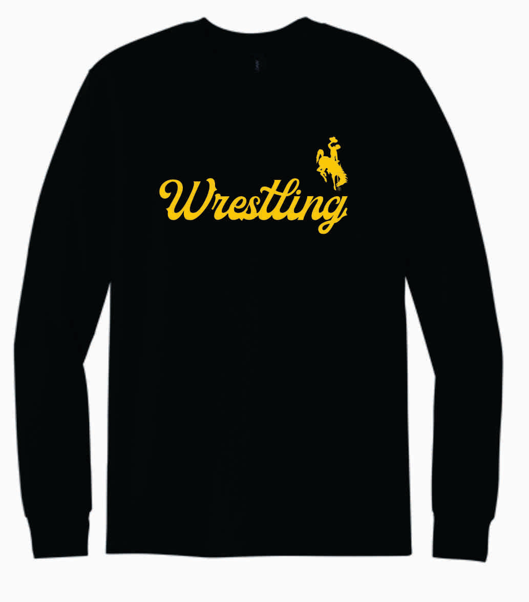 black long sleeve tee with gold design center chest. design is script wrestling with bucking horse on top left of design