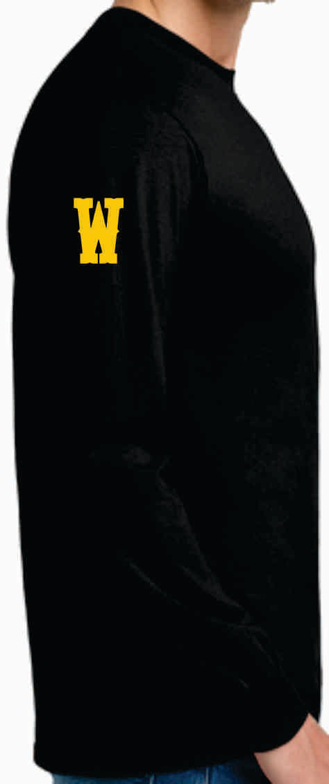 side of black long sleeve with gold w on left sleeve